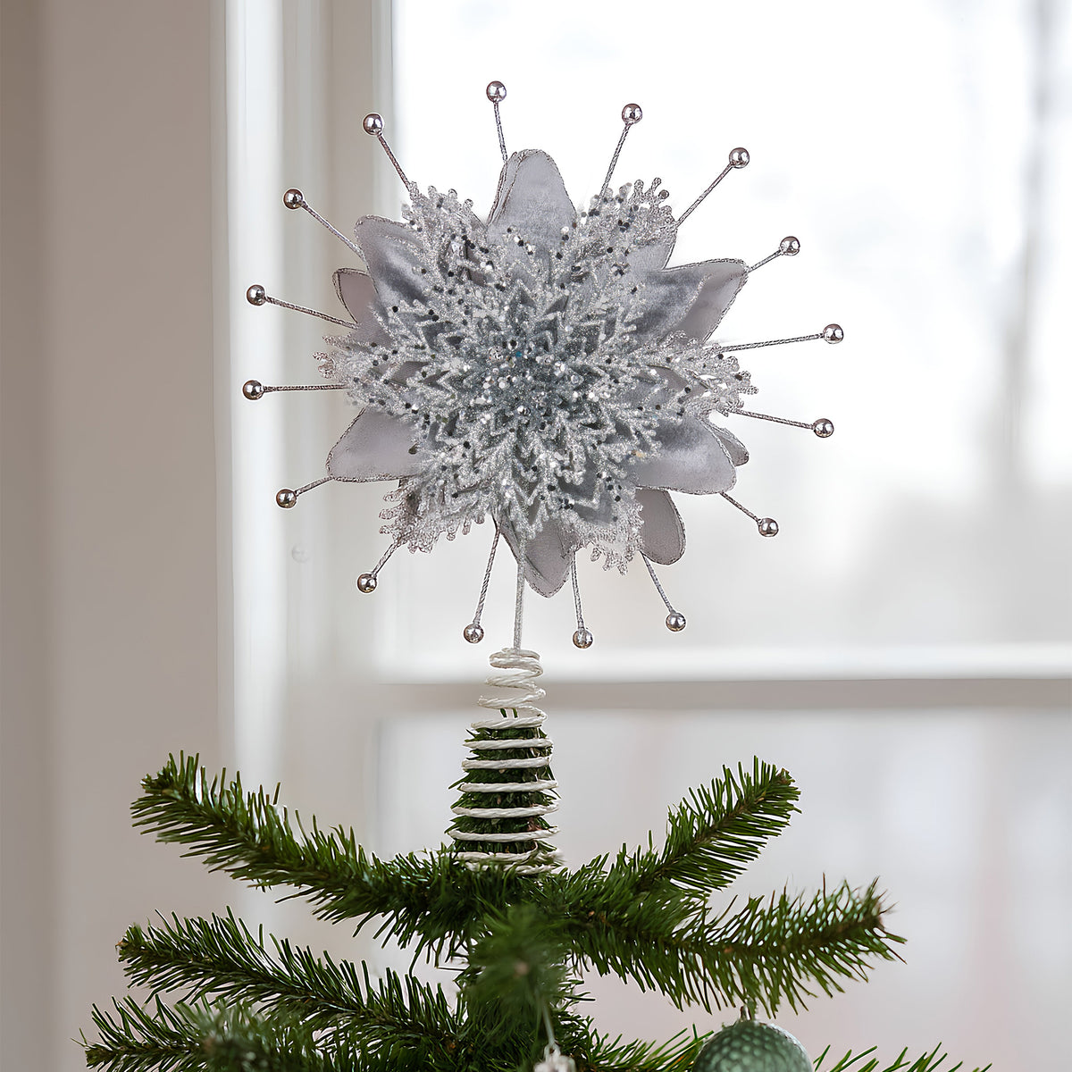 Christabelle Christmas Tree Topper Poinsettia Decoration Ornament Shimmering Silver Sparkle Petals