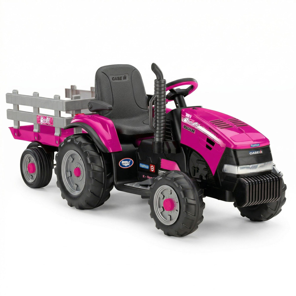 Peg Perego Pink Case IH 12V Kids Ride On Tractor with Trailer 2 Speed Toy