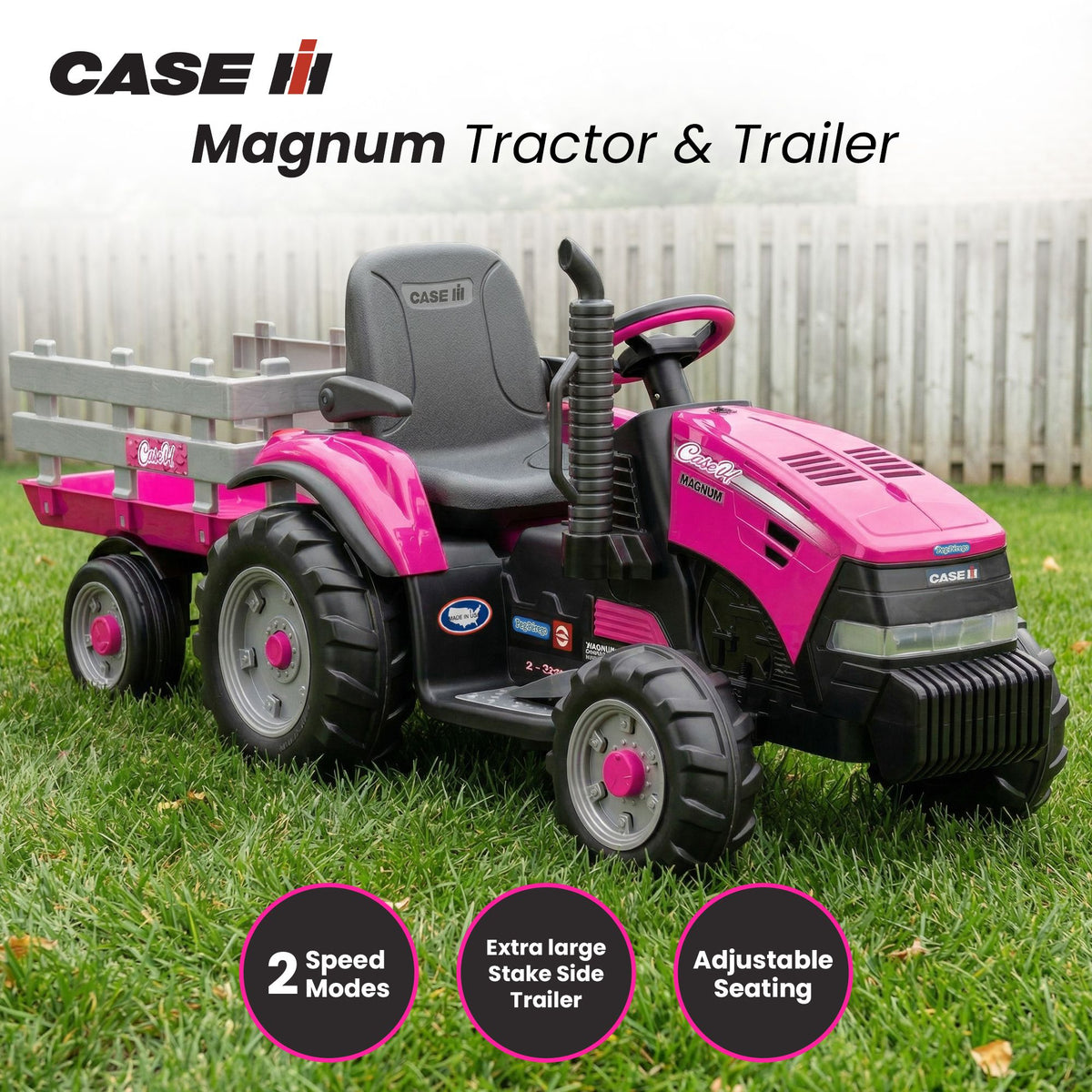 Peg Perego Pink Case IH 12V Kids Ride On Tractor with Trailer 2 Speed Toy