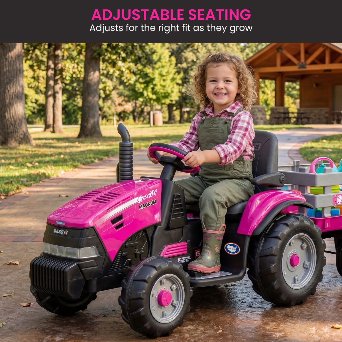 Peg Perego Pink Case IH 12V Kids Ride On Tractor with Trailer 2 Speed Toy