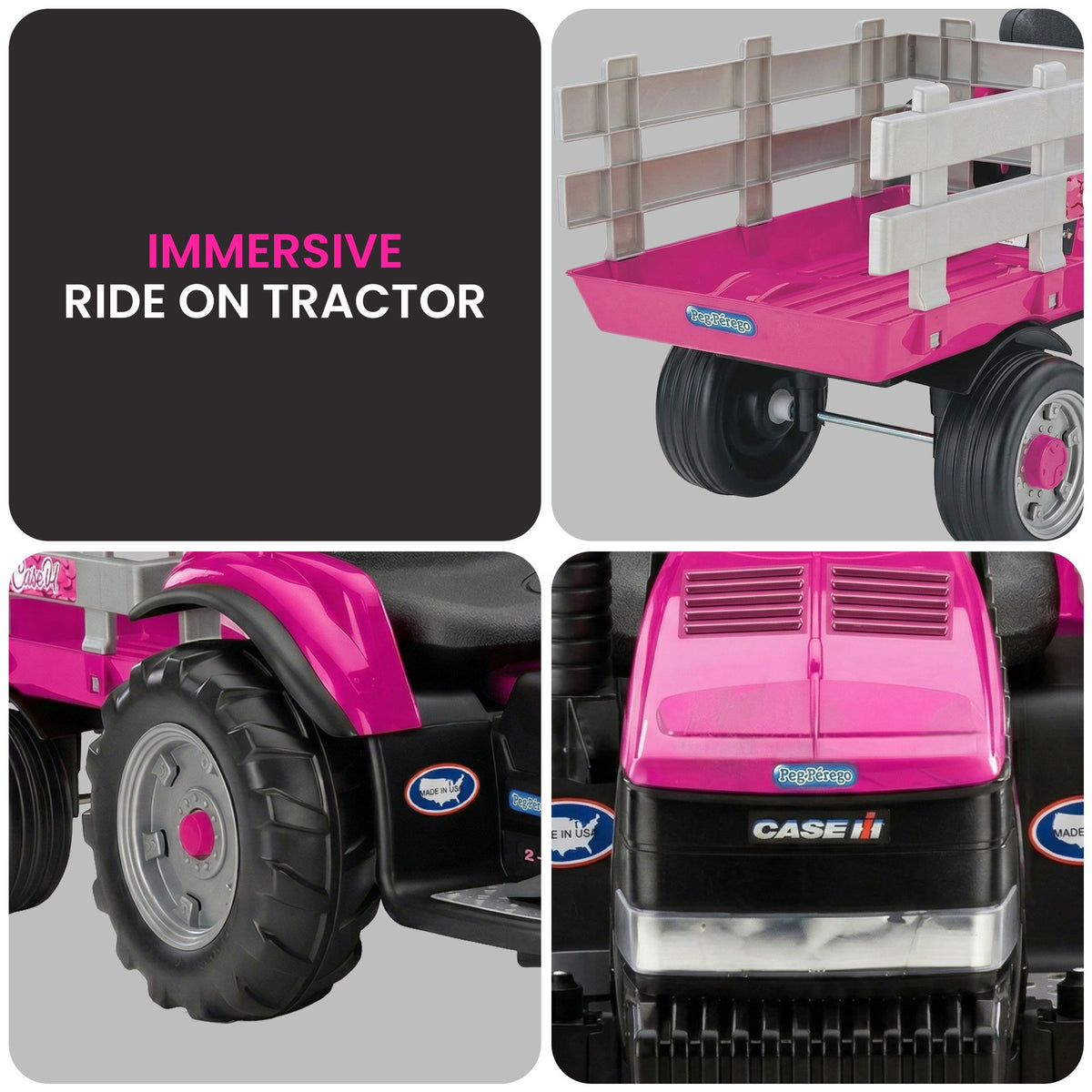 Peg Perego Pink Case IH 12V Kids Ride On Tractor with Trailer 2 Speed Toy
