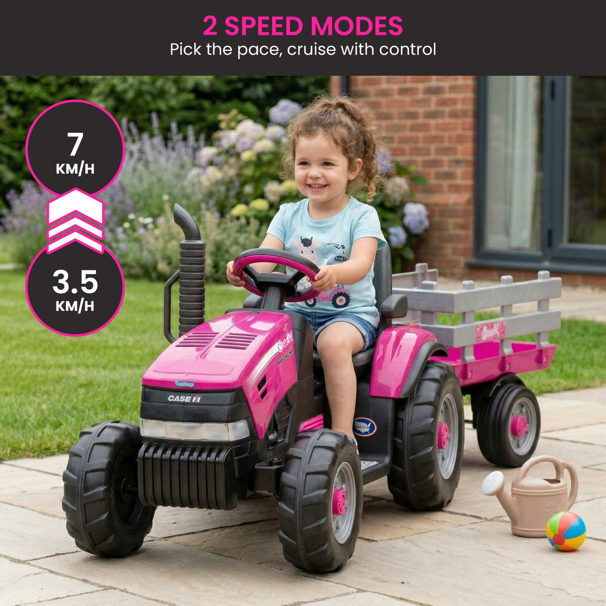 Peg Perego Pink Case IH 12V Kids Ride On Tractor with Trailer 2 Speed Toy