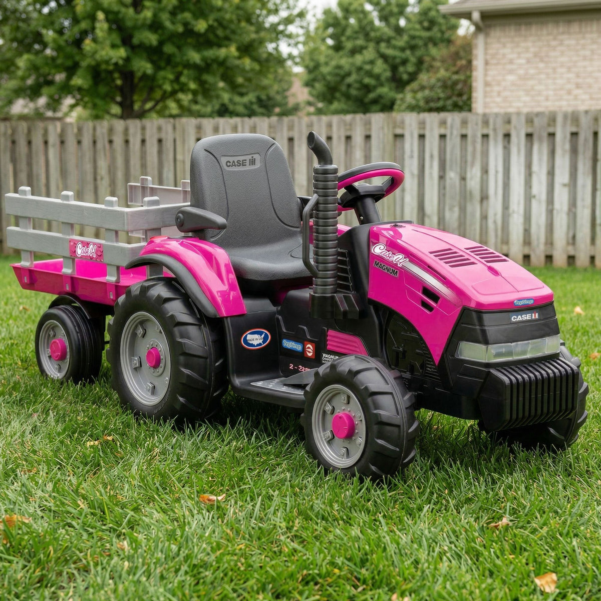 Peg Perego Pink Case IH 12V Kids Ride On Tractor with Trailer 2 Speed Toy