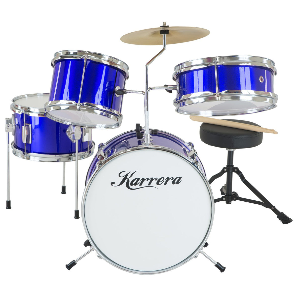 Childrens 4pc Drum Kit Blue Metallic Finish Real Kids Drums with Cymbal