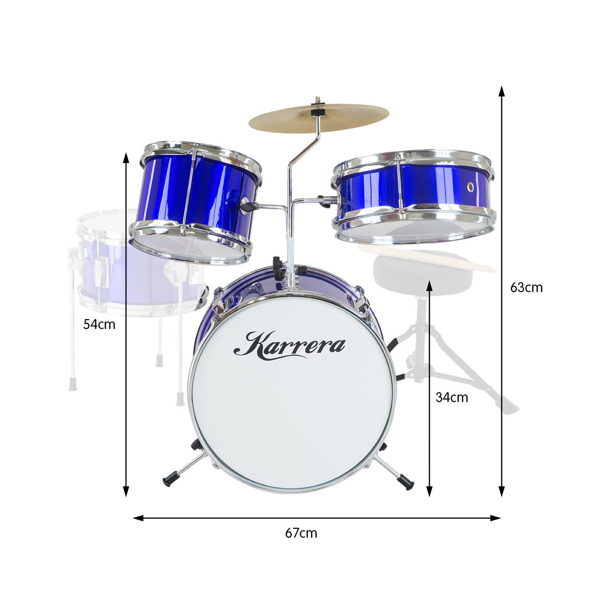 Childrens 4pc Drum Kit Blue Metallic Finish Real Kids Drums with Cymbal