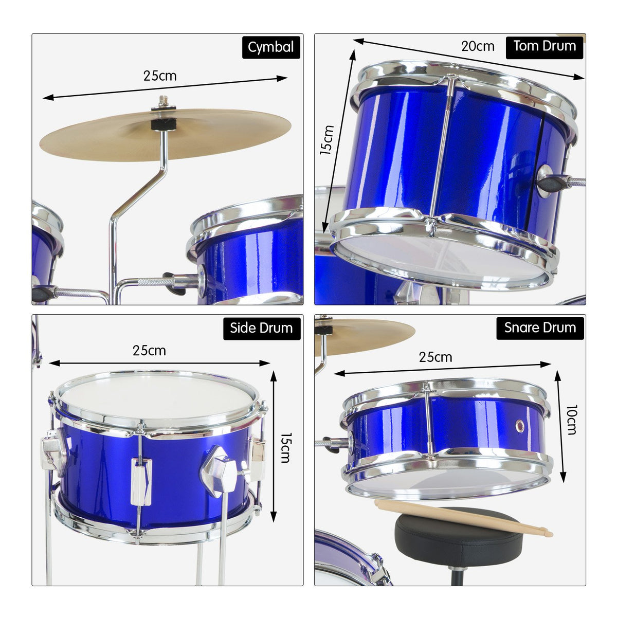 Childrens 4pc Drum Kit Blue Metallic Finish Real Kids Drums with Cymbal