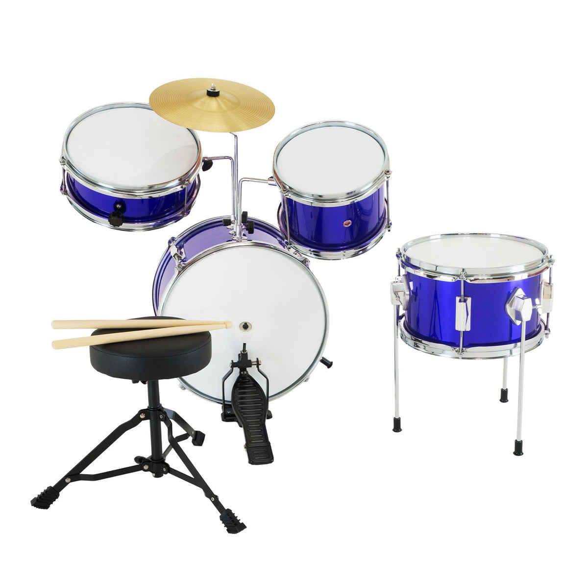 Childrens 4pc Drum Kit Blue Metallic Finish Real Kids Drums with Cymbal