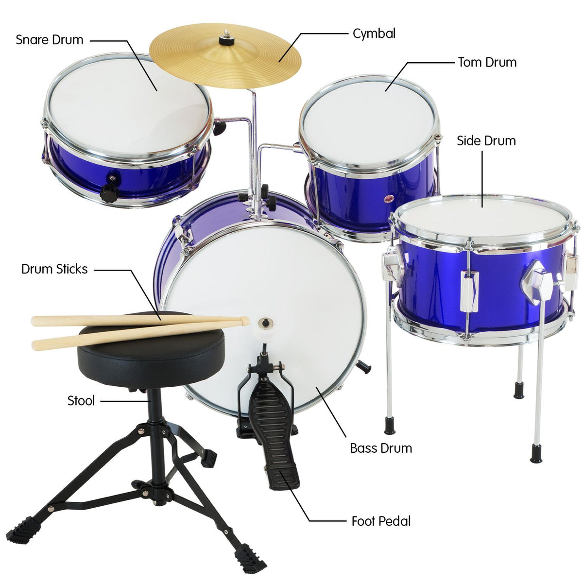 Childrens 4pc Drum Kit Blue Metallic Finish Real Kids Drums with Cymbal