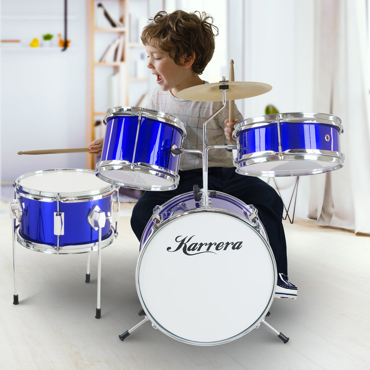 Childrens 4pc Drum Kit Blue Metallic Finish Real Kids Drums with Cymbal