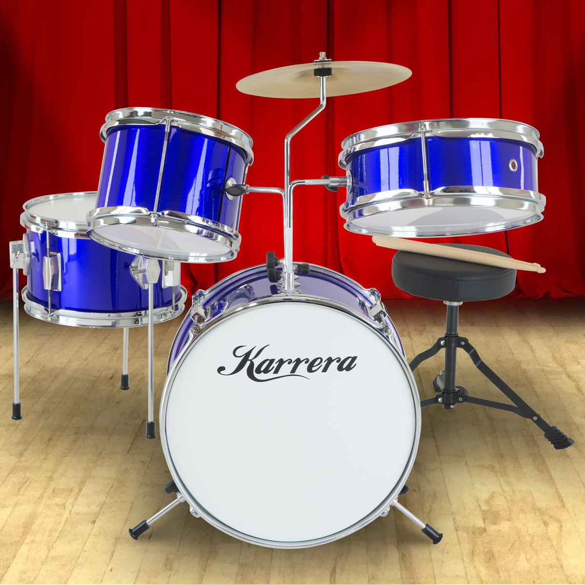 Childrens 4pc Drum Kit Blue Metallic Finish Real Kids Drums with Cymbal
