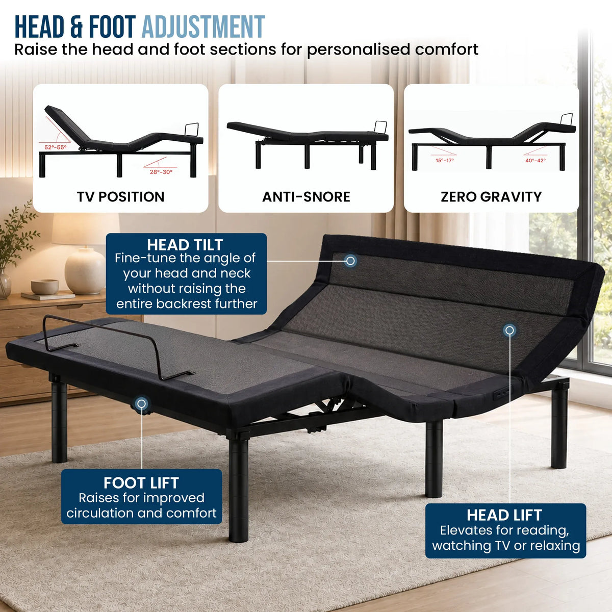 Kinetic Advance Adjustable Double Bed Base with Head Tilt Mode