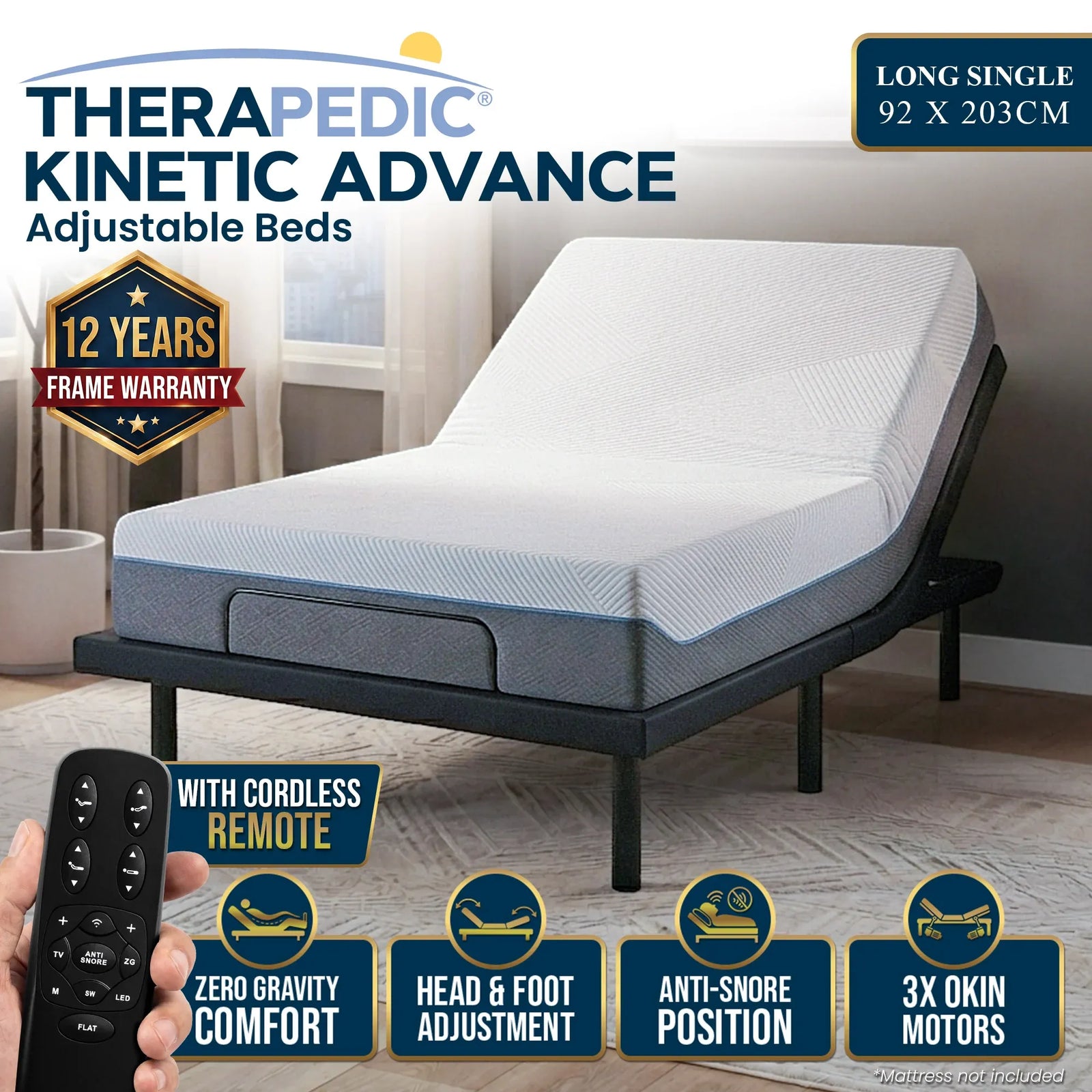 Kinetic Advance Adjustable Long Single Bed Base with Head Tilt