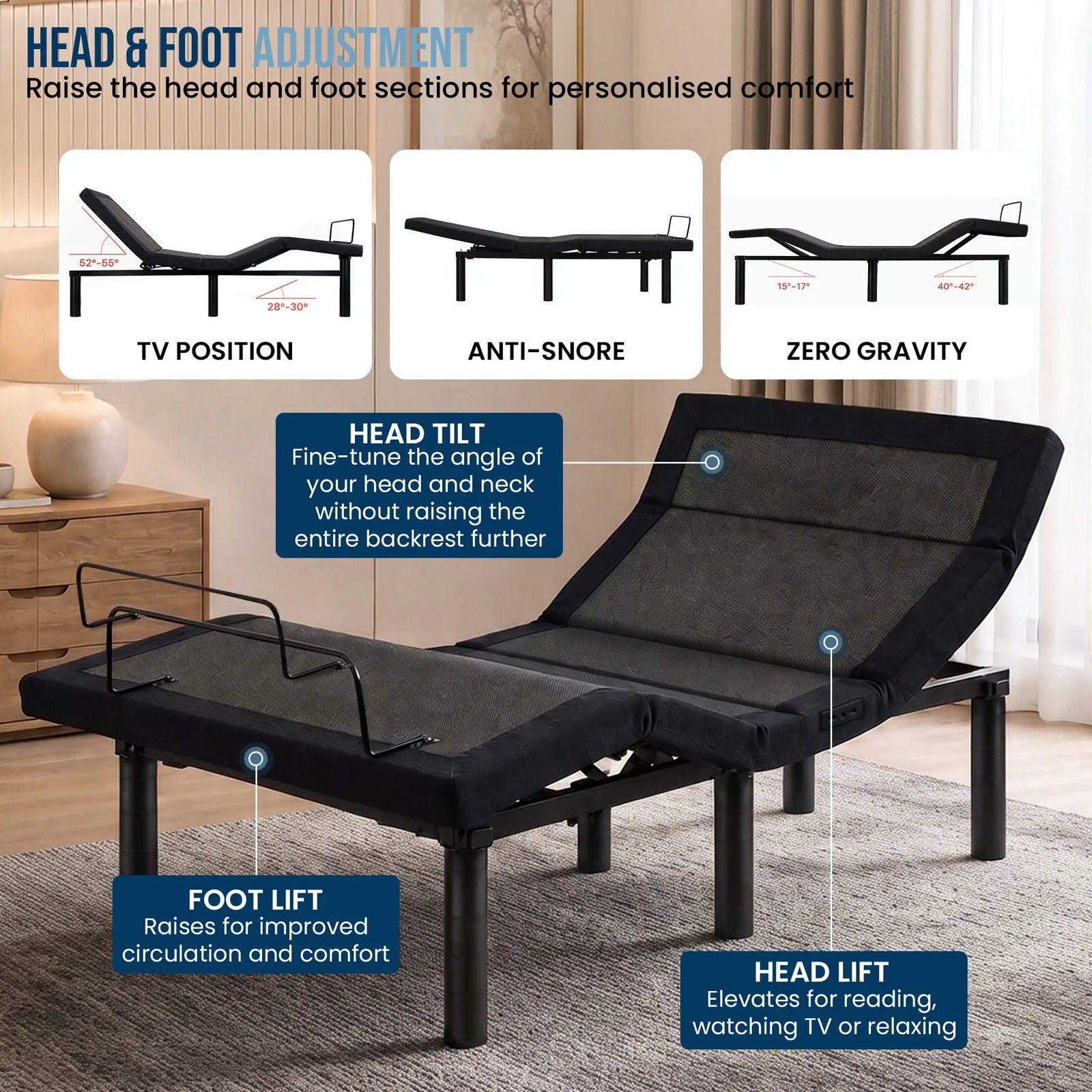 Kinetic Advance Adjustable Long Single Bed Base with Head Tilt