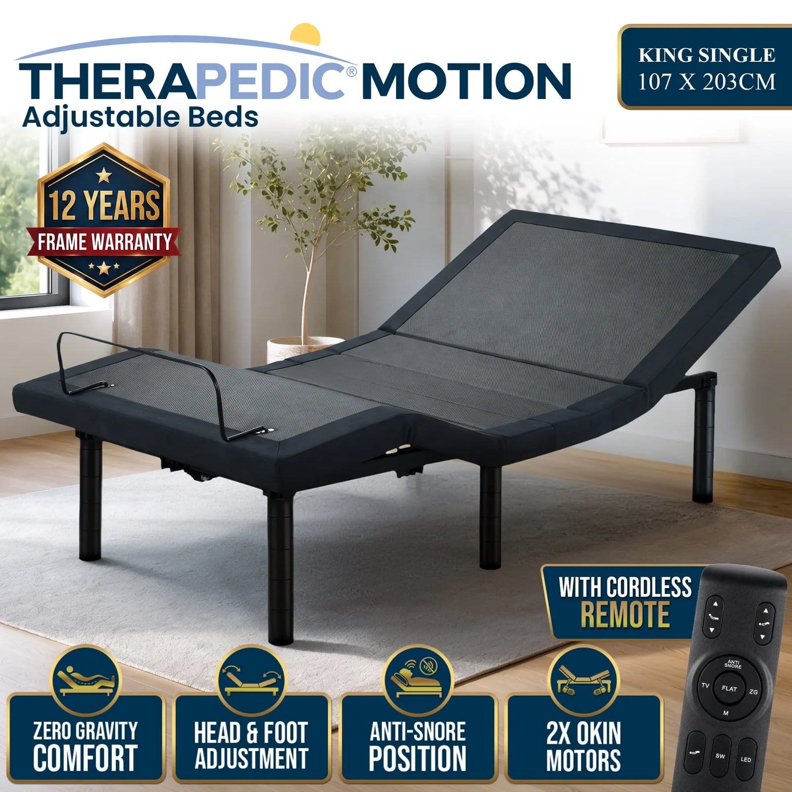 Motion Adjustable King Single Bed Base with Wireless Remote