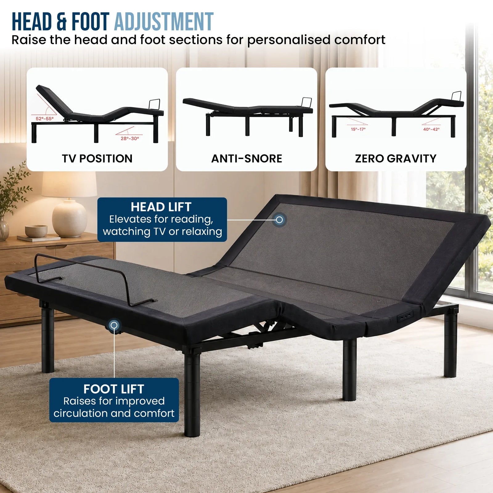 Versa Adjustable Double Bed Base with Massage Function