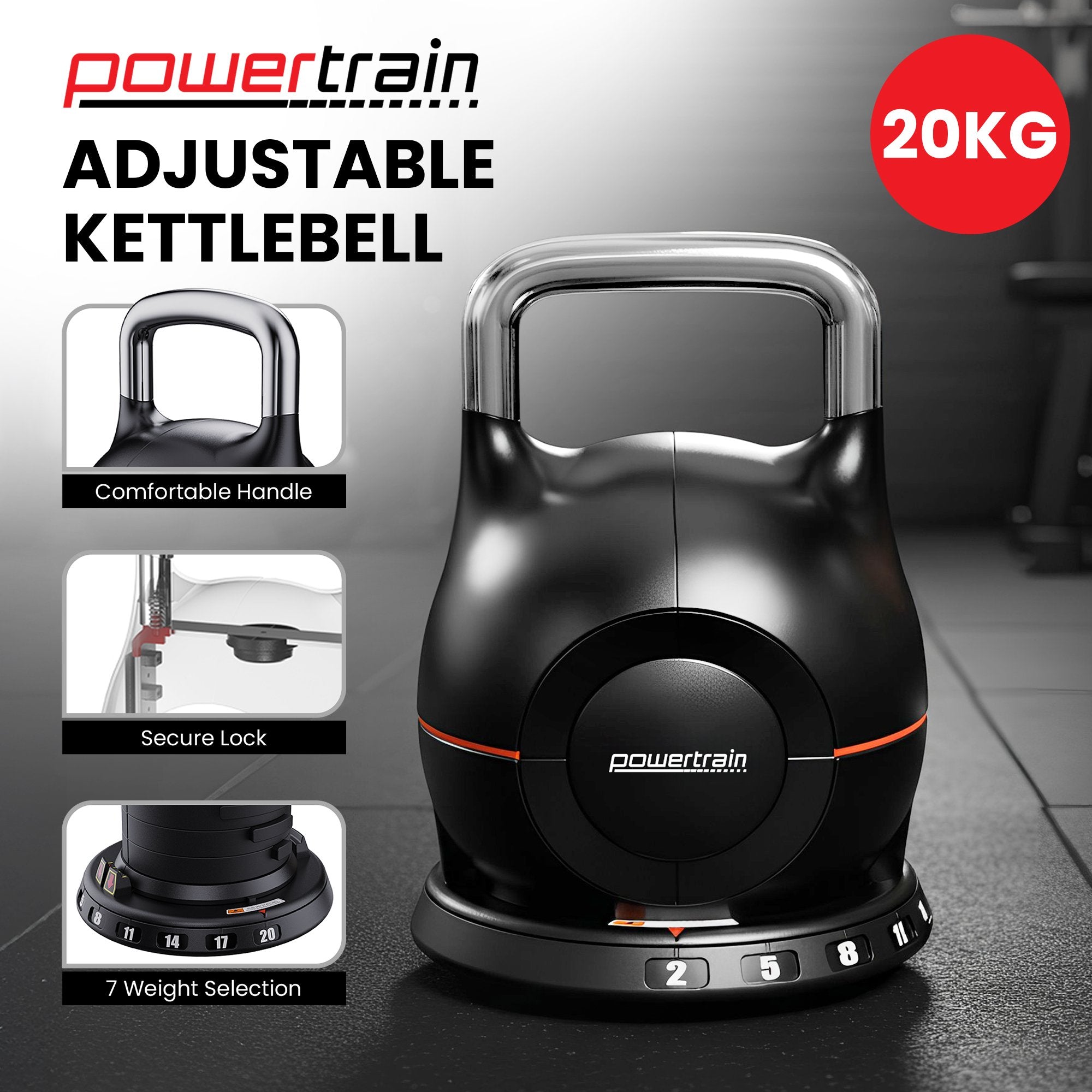 Adjustable Kettlebell 20kg 7 in 1 Weight Selection Set w/Quick One Hand Adjustment Secure Locking System