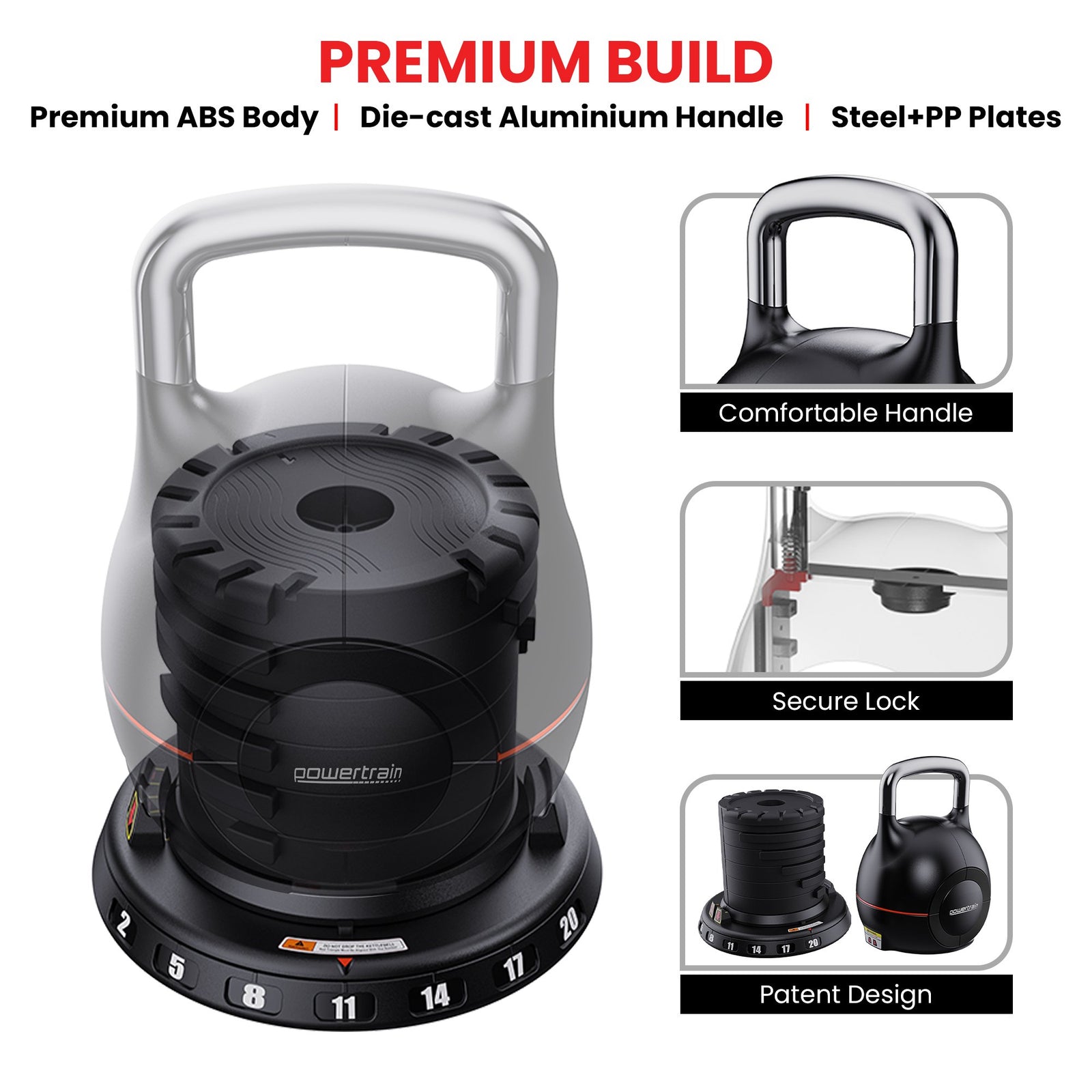 Adjustable Kettlebell 20kg 7 in 1 Weight Selection Set w/Quick One Hand Adjustment Secure Locking System