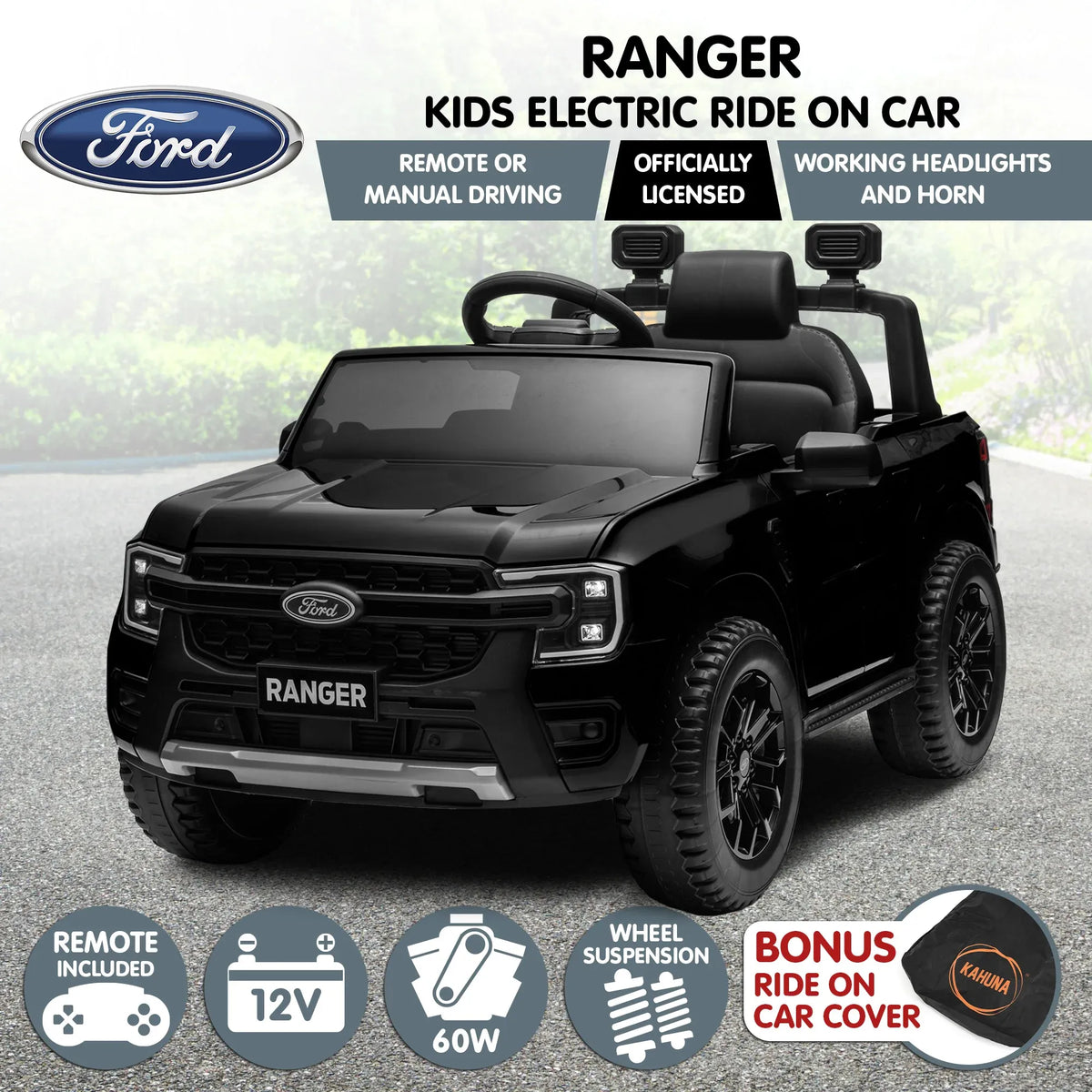 Ford Ranger Licensed Kids Ride On Car, Black, 12V7AH Battery Pack