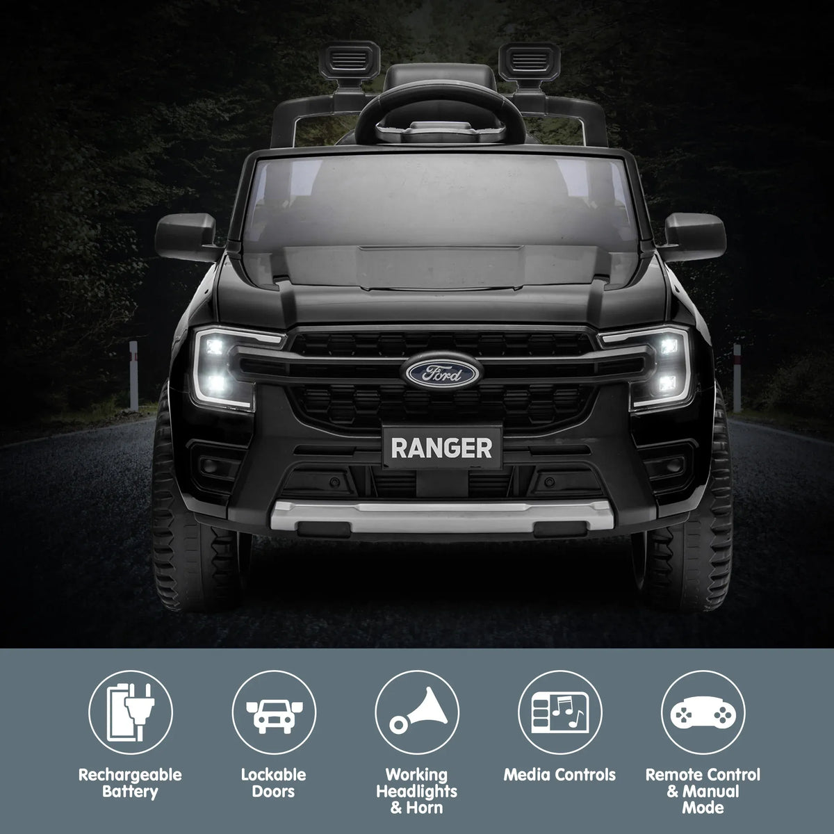 Ford Ranger Licensed Kids Ride On Car, Black, 12V7AH Battery Pack