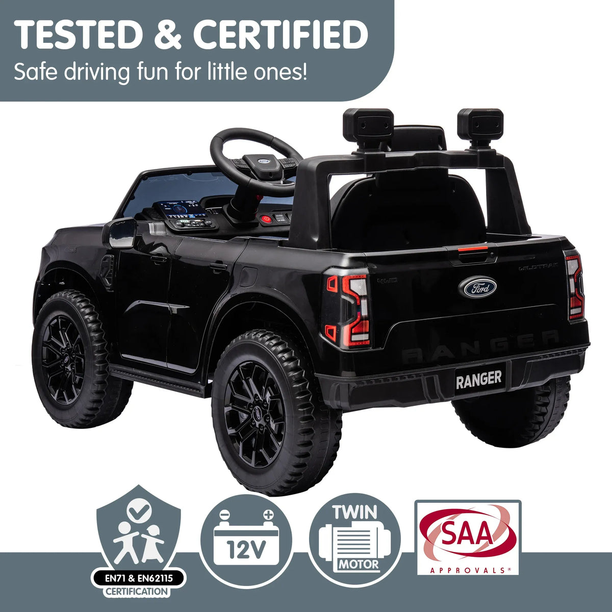 Ford Ranger Licensed Kids Ride On Car, Black, 12V7AH Battery Pack