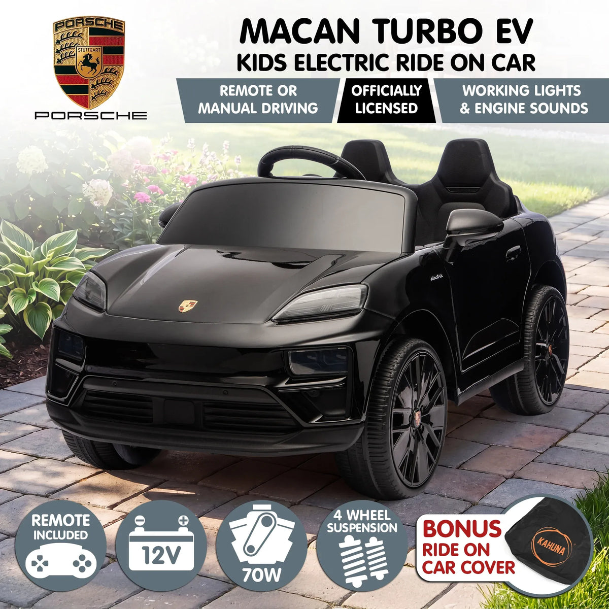 Black Porsche Macan Turbo EV Kids Ride On Car 12V Electric Car