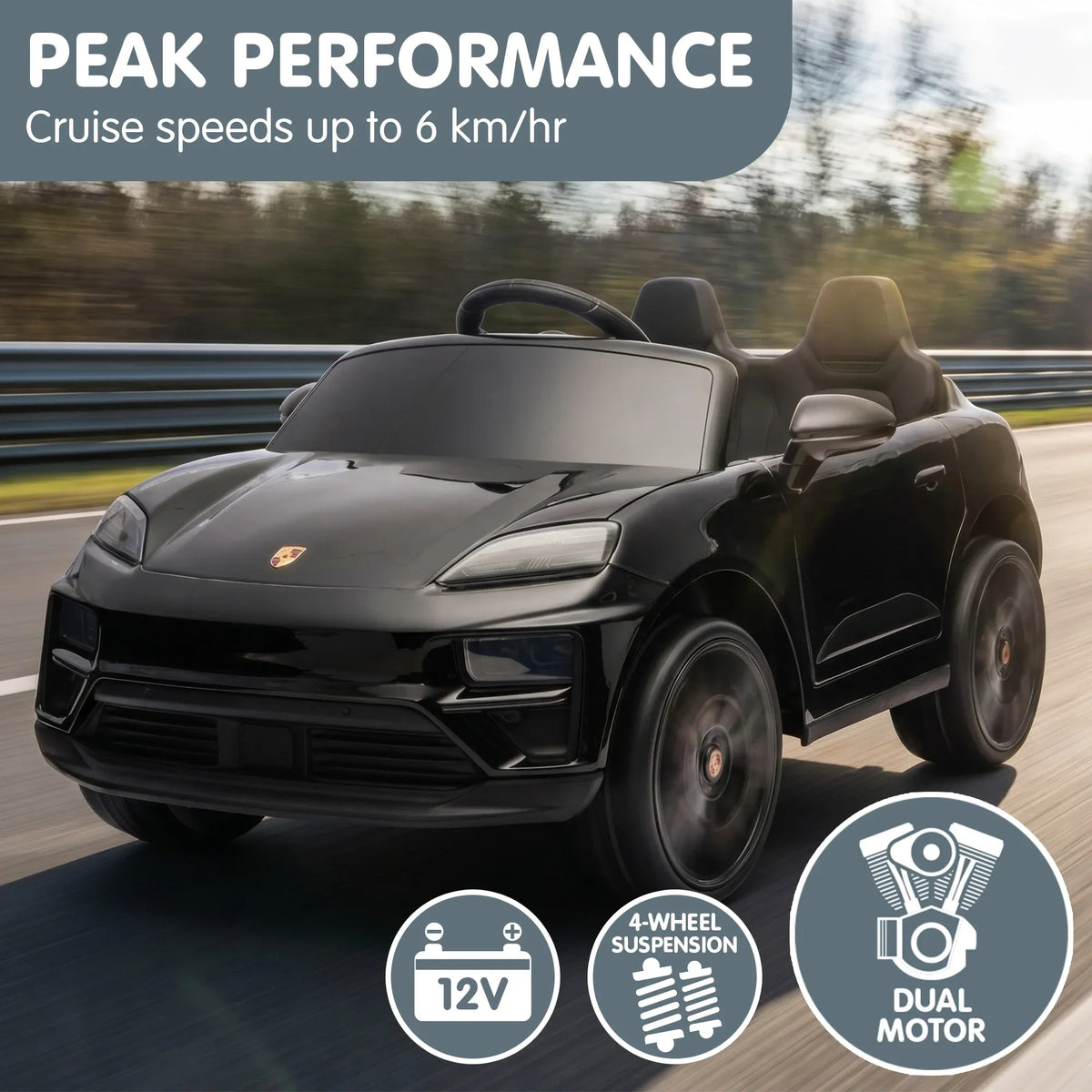 Black Porsche Macan Turbo EV Kids Ride On Car 12V Electric Car