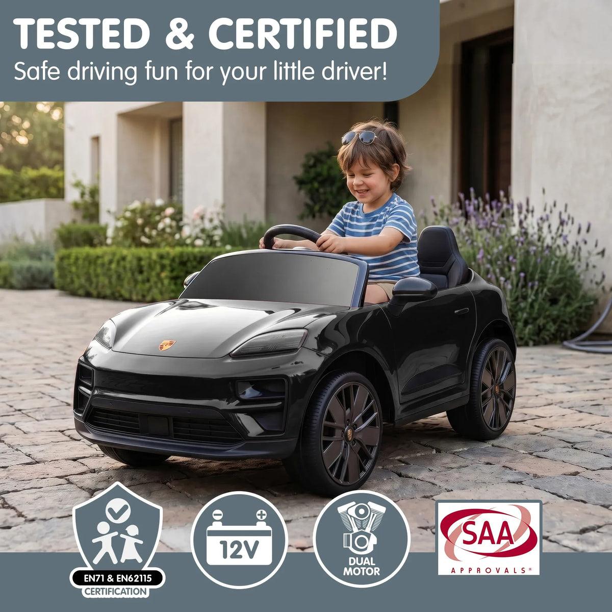 Black Porsche Macan Turbo EV Kids Ride On Car 12V Electric Car