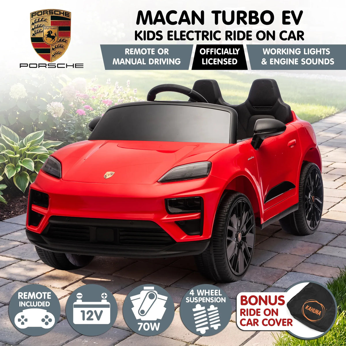 Red Porsche Macan Turbo EV Kids Ride On Car 12V Electric Car