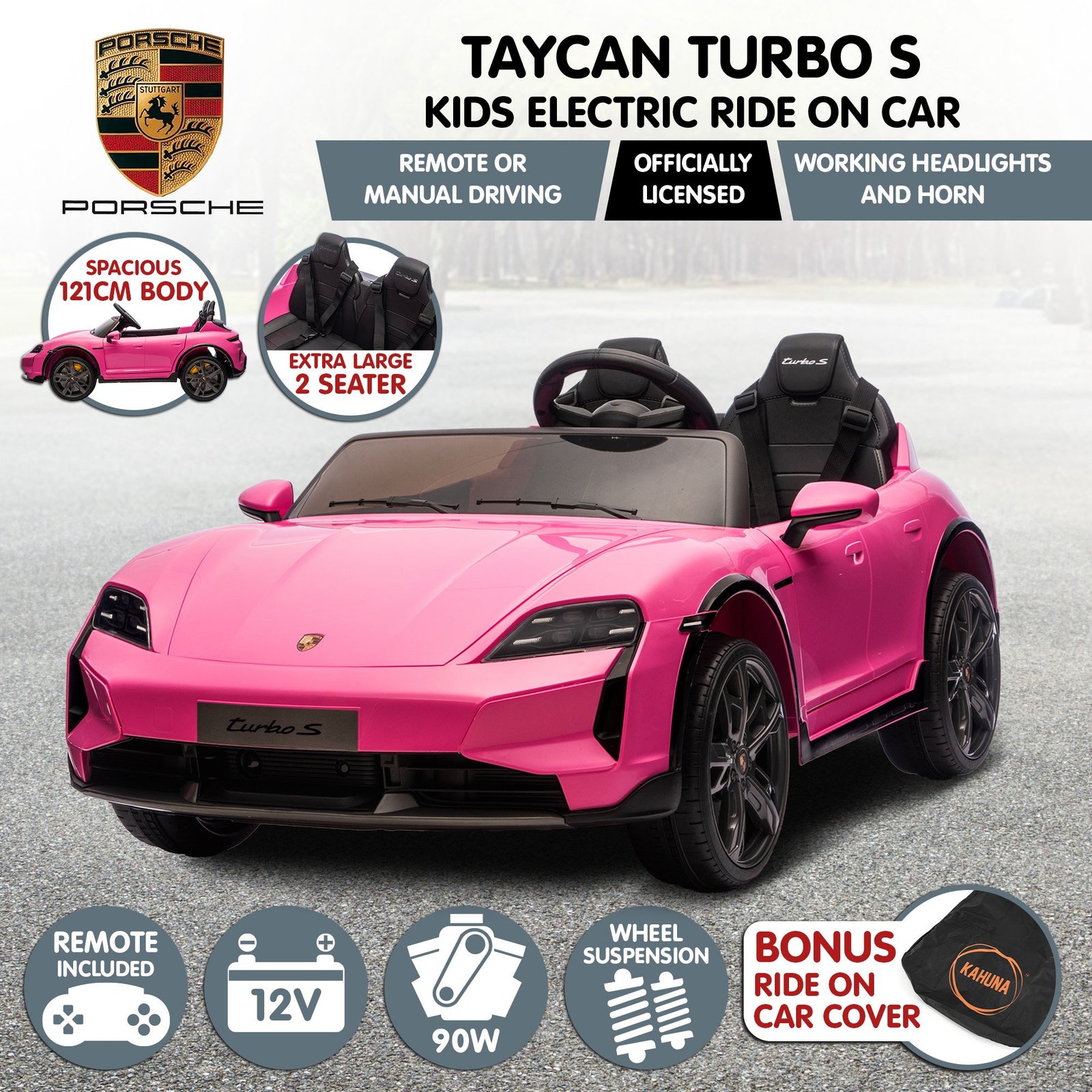 Porsche Taycan Turbo S Kids Electric Ride On Car w/Remote Control 90W Four Wheel Suspension 2 Seater w/Seat Belt