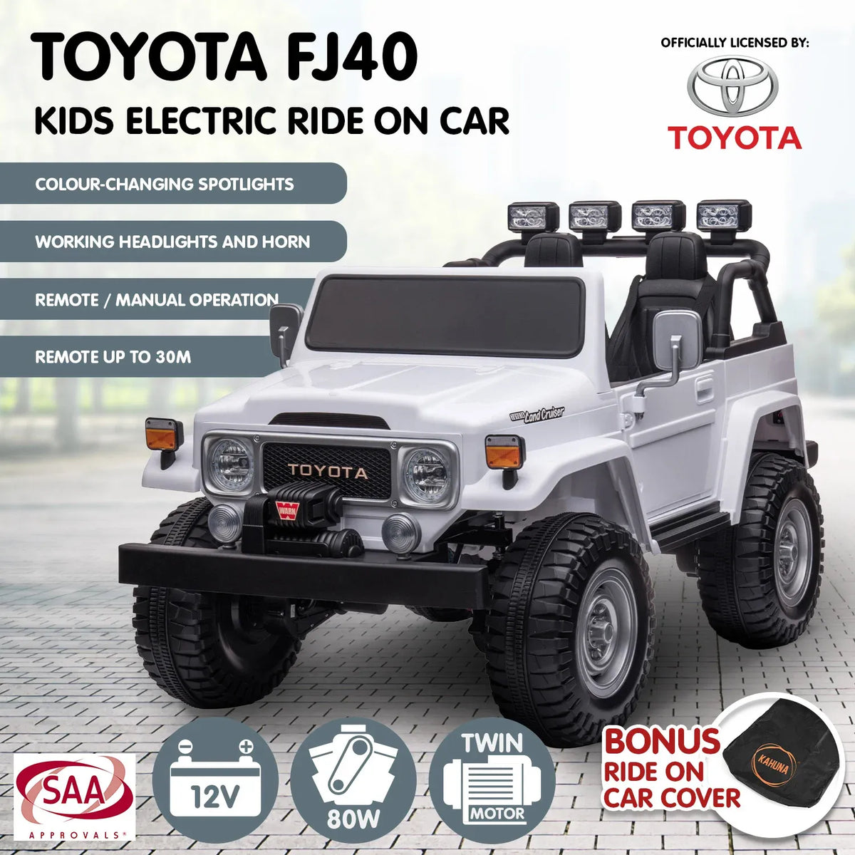 Toyota FJ-40 Licensed Kids Electric Ride On Car 2 Seater 80W Bluetooth, White