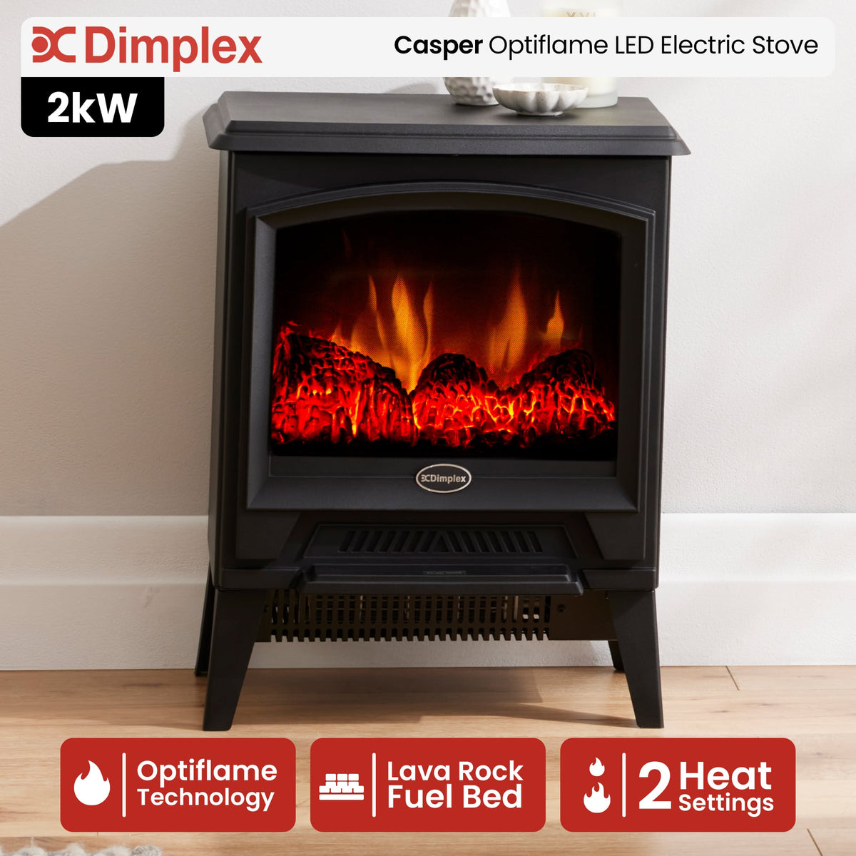 Casper Optiflame 2kW Portable Electric Stove, Black Cast Iron Look Set