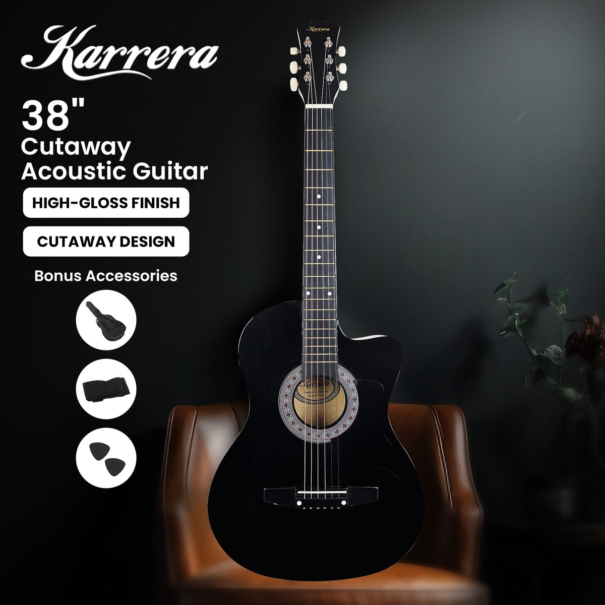 38in Cutaway Acoustic Guitar with Guitar Bag, Black, High-Gloss Finish