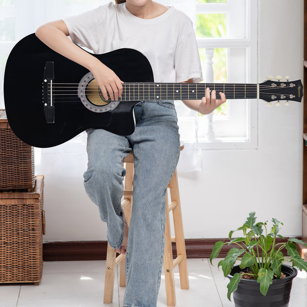 38in Cutaway Acoustic Guitar with Guitar Bag, Black, High-Gloss Finish