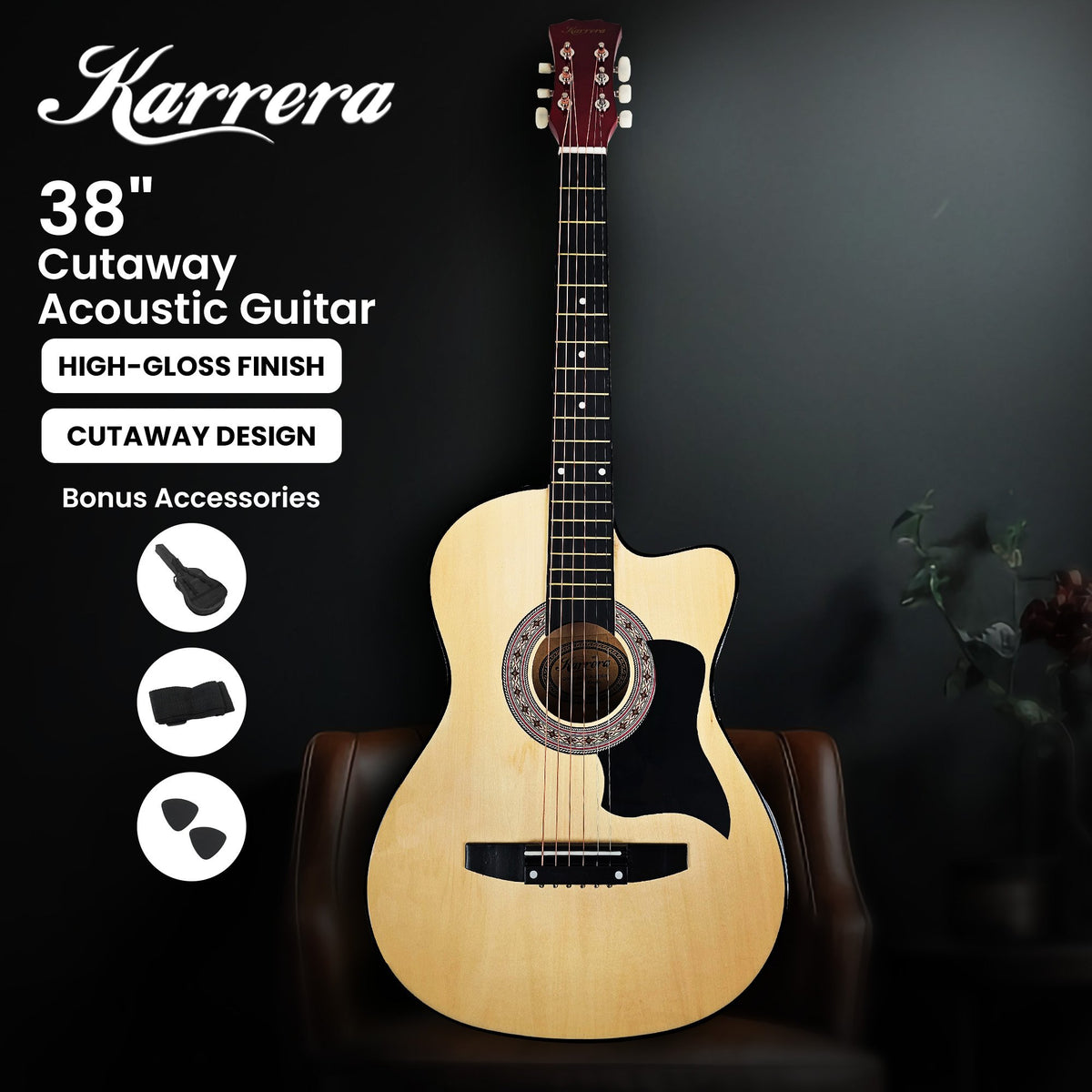 38-Inch Cutaway Acoustic Guitar with Carry Bag, Natural Finish