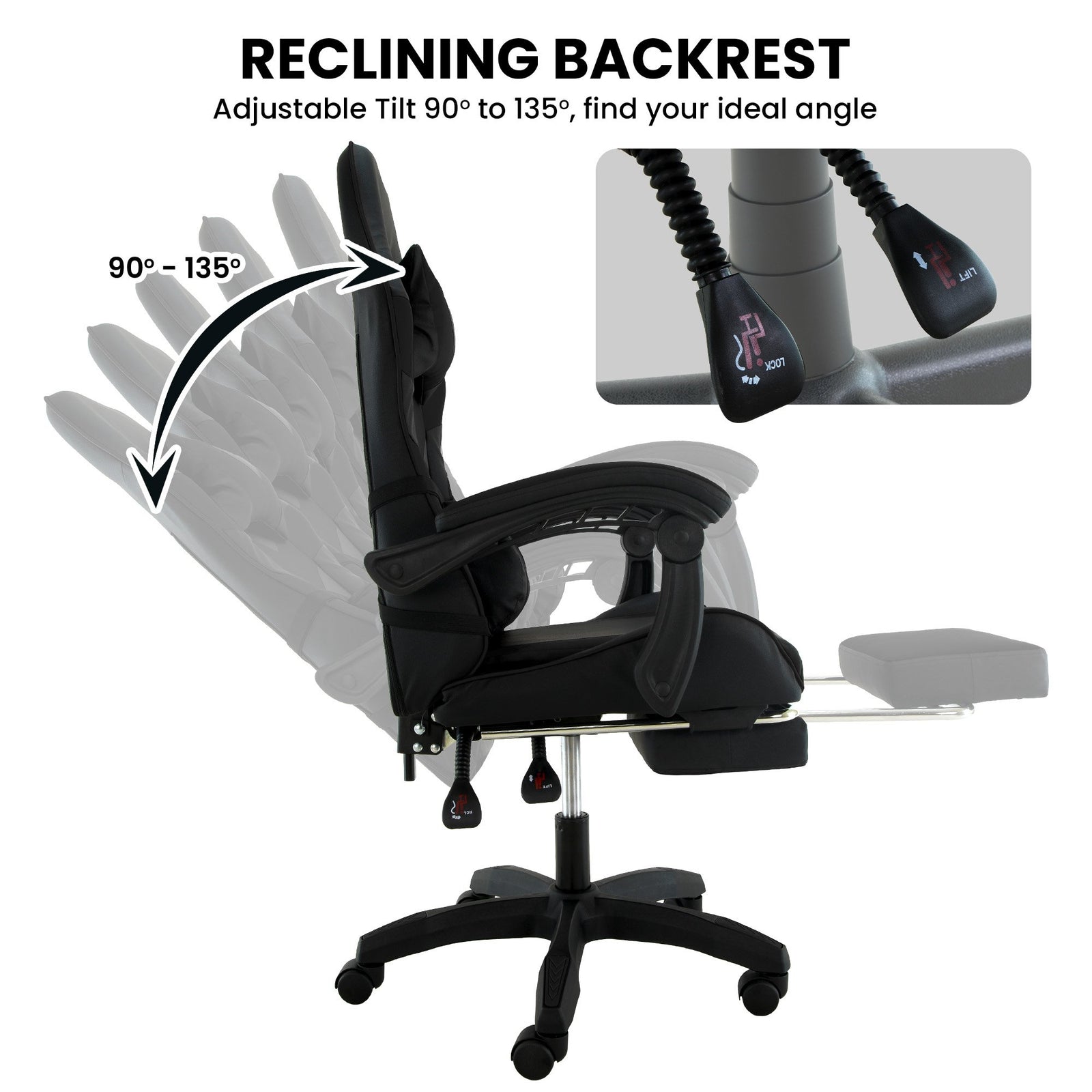 Cueva Reclining High Back Office Gaming Chair Black Retractable Footrest Computer Seat