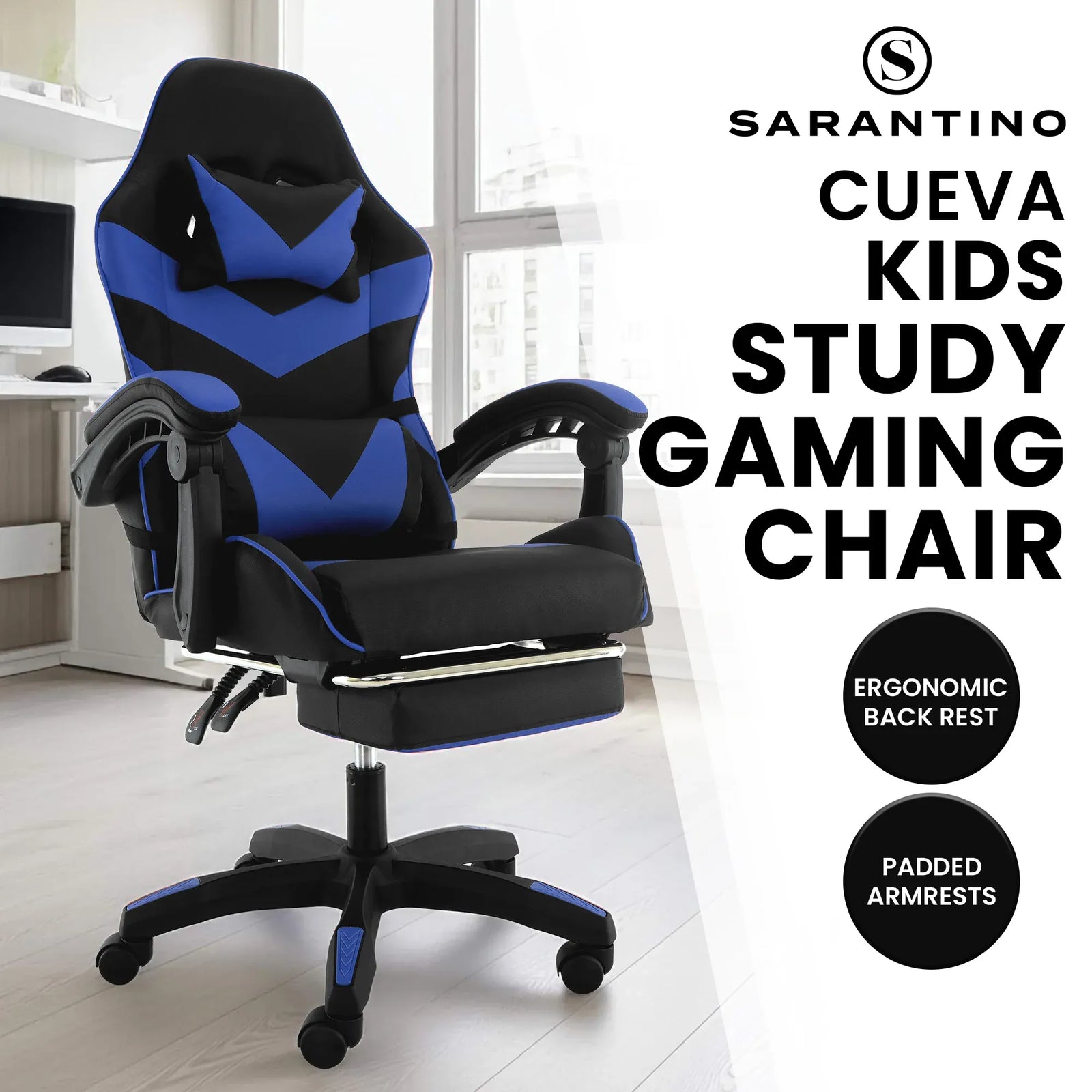 Cueva Reclining High Back Office Gaming Chair Seat Retractable Footrest Office Computer Black & Blue