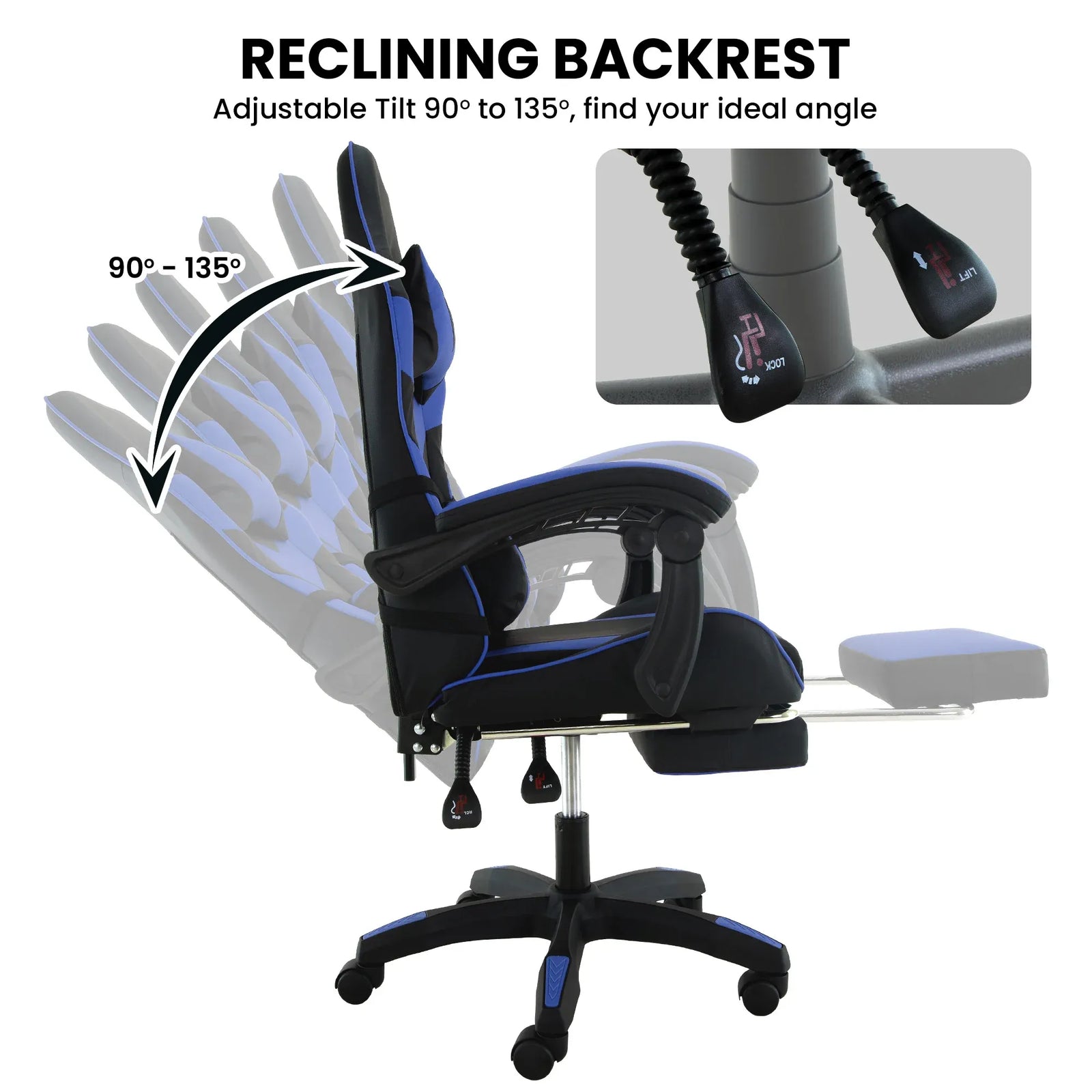 Cueva Reclining High Back Office Gaming Chair Seat Retractable Footrest Office Computer Black & Blue