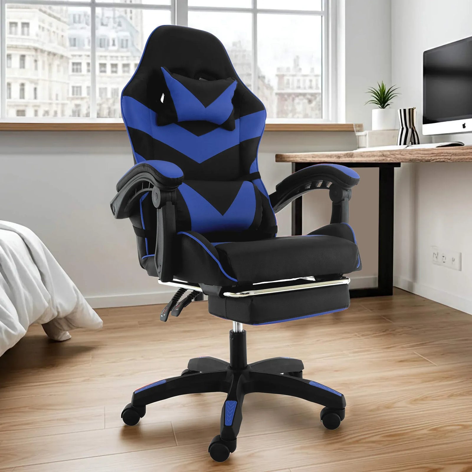 Cueva Reclining High Back Office Gaming Chair Seat Retractable Footrest Office Computer Black & Blue
