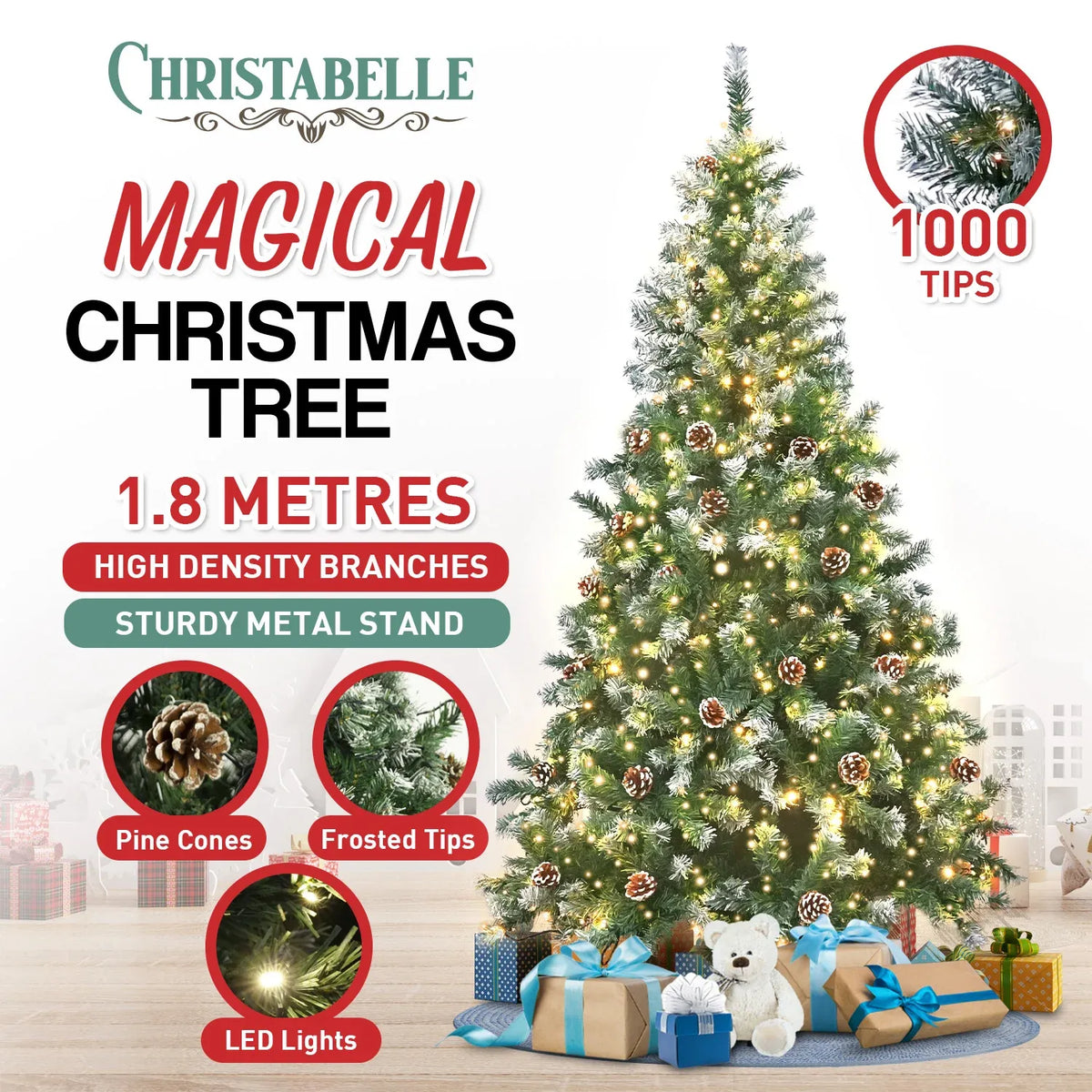 Christabelle 1.8m Pre-Lit LED Artificial Christmas Tree with Snow Tipped Needles Pine Cones Stand