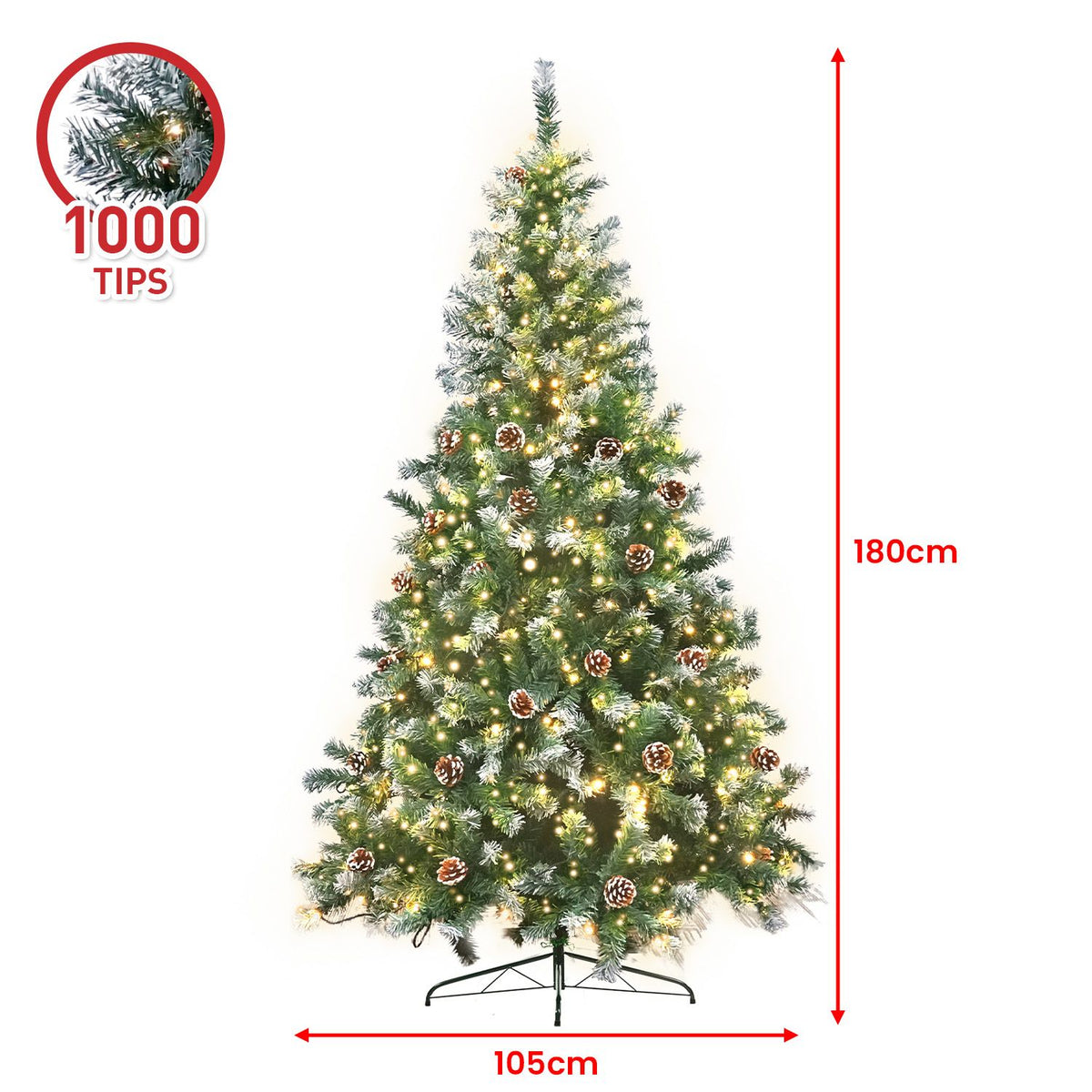 Christabelle 1.8m Pre-Lit LED Artificial Christmas Tree with Snow Tipped Needles Pine Cones Stand