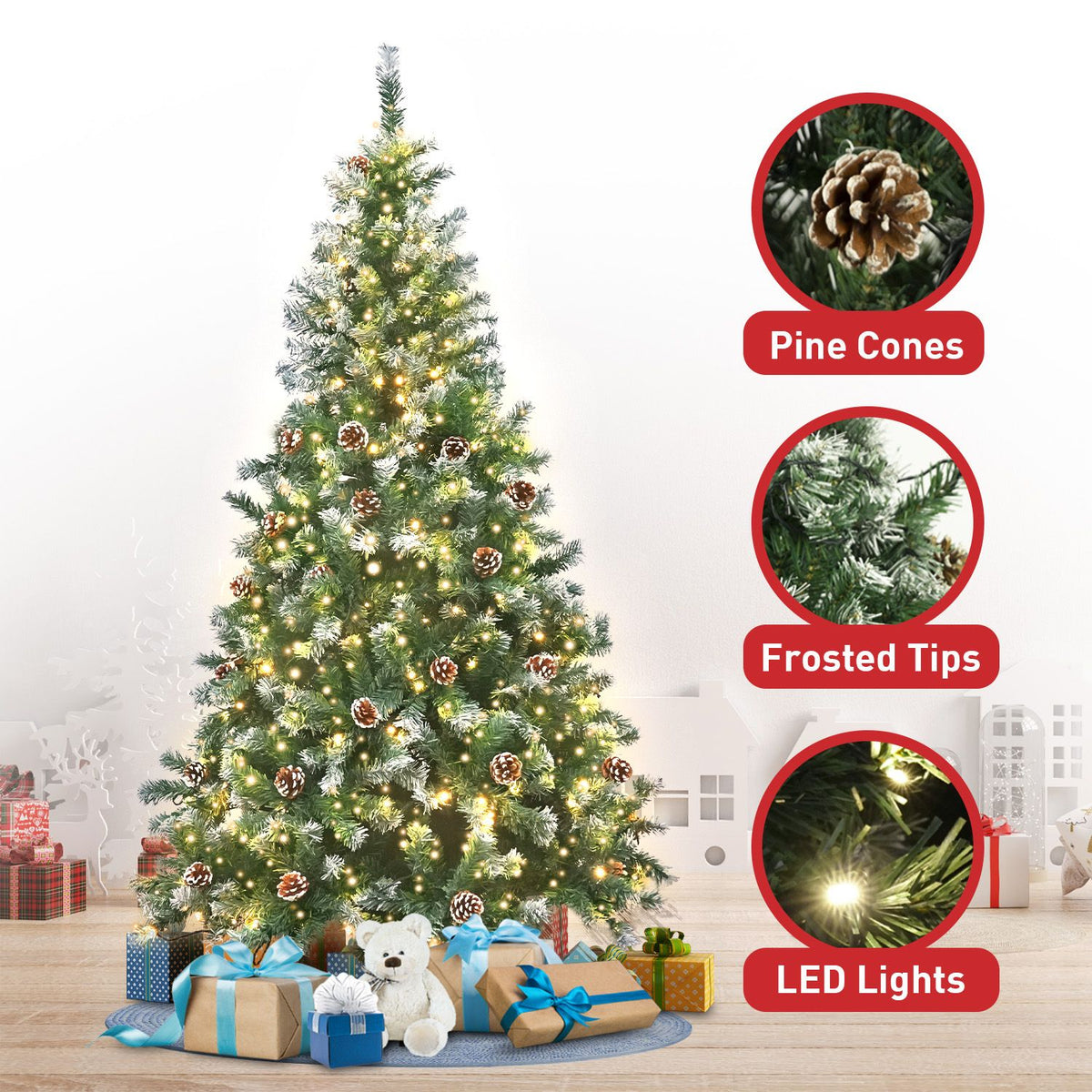 Christabelle 2.7m 9ft Pre-Lit LED Artificial Christmas Tree with Snow Tipped Needles Pine Cones Stand