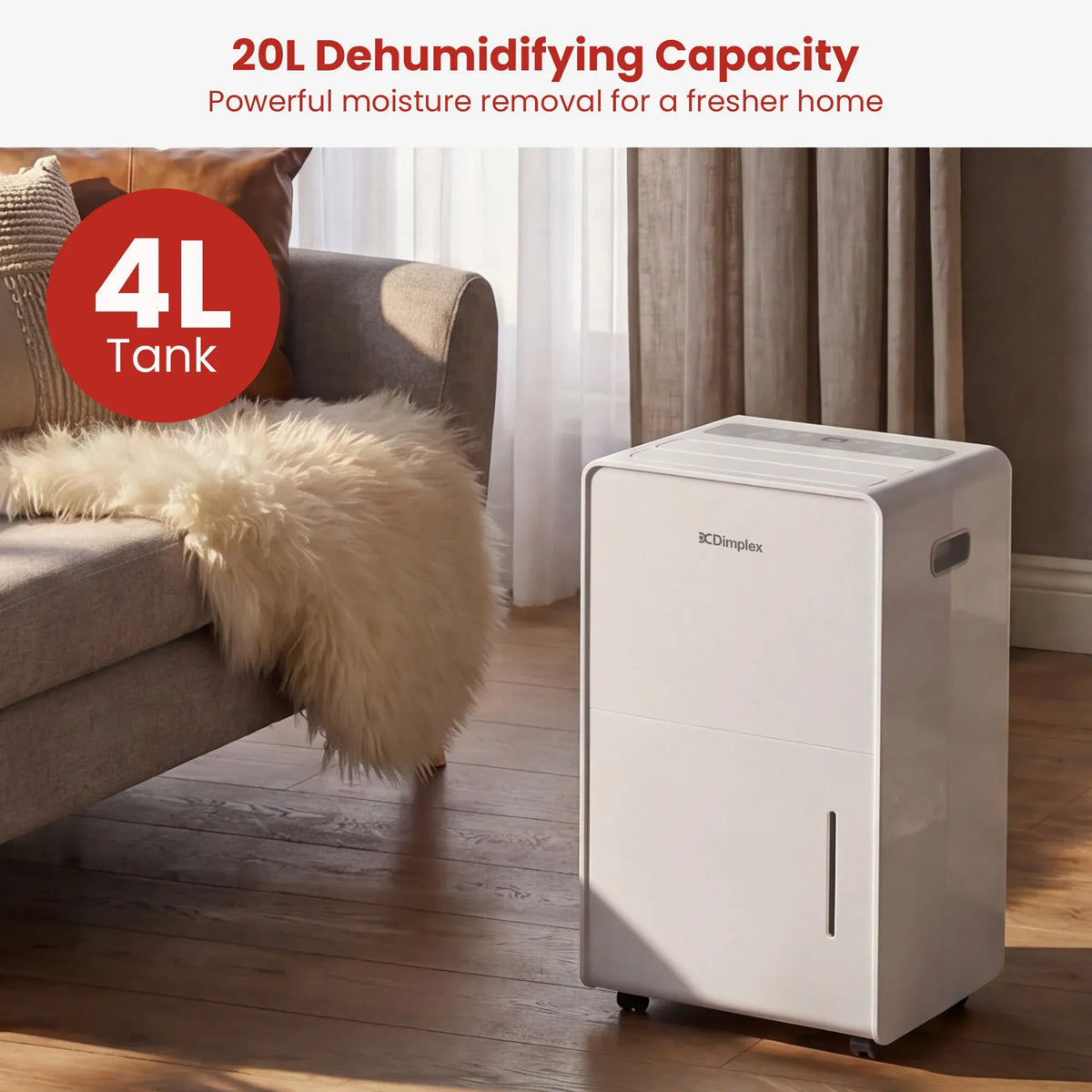 Dimplex 20L Portable Dehumidifier 4L Tank, Laundry Mode, Timer & Auto Defrost