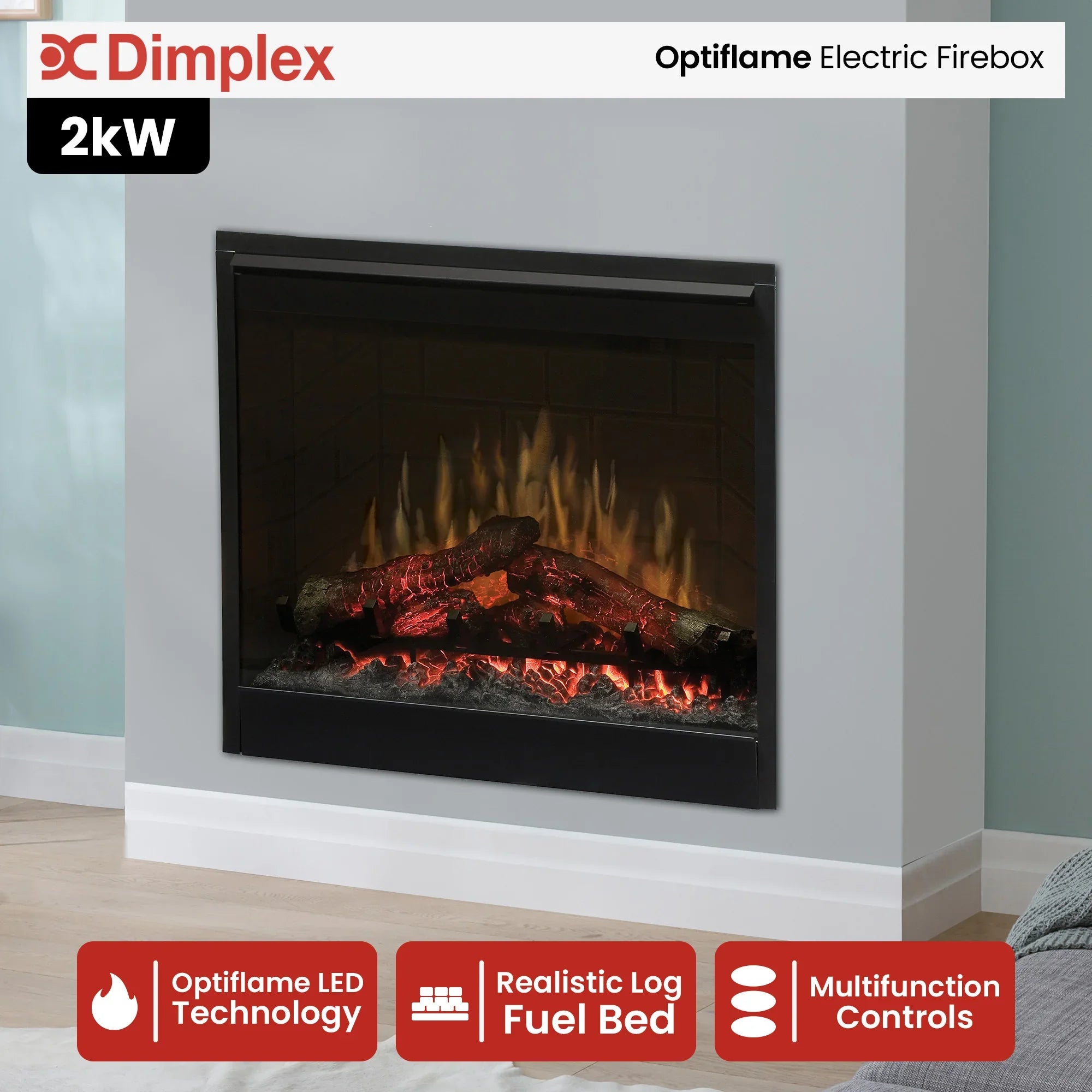 Electric Firebox Heater – 26" Optiflame, Thermostat, Log Display, Cool‑Touch