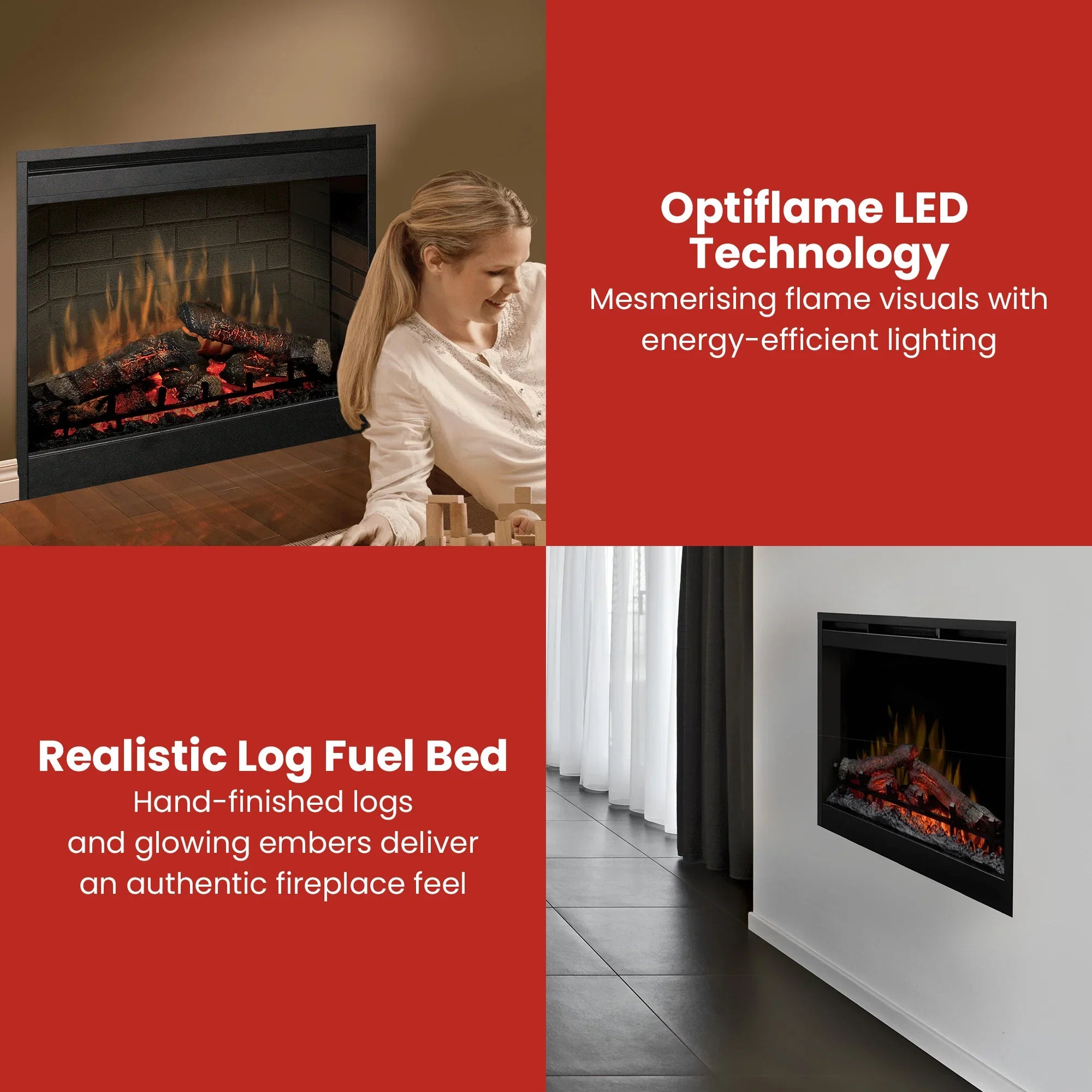 Electric Firebox Heater – 26" Optiflame, Thermostat, Log Display, Cool‑Touch