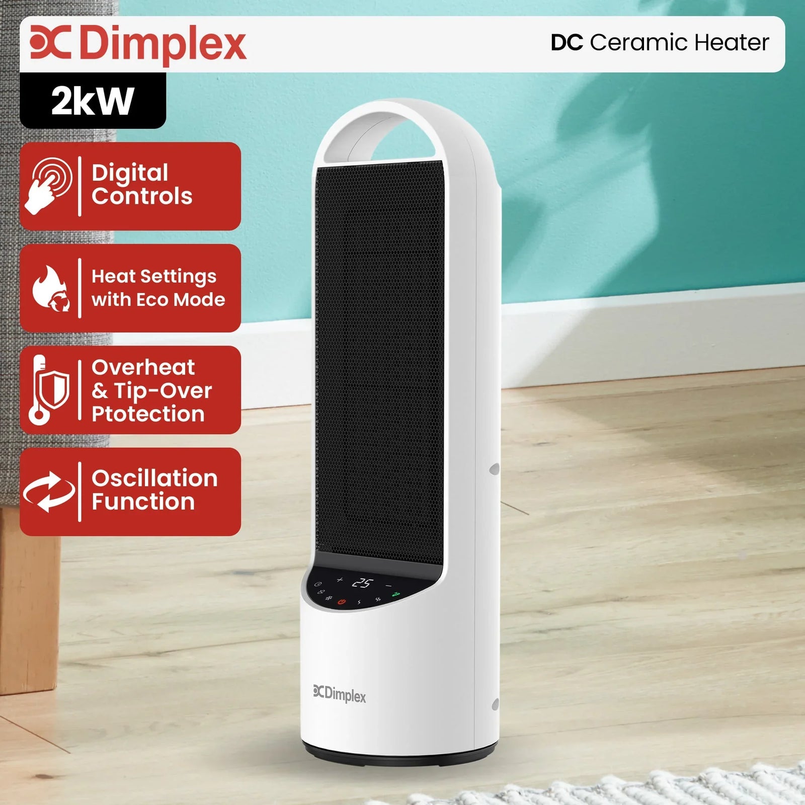 Ceramic Heater – 2kW Digital, DC Motor, ECO Mode, Oscillating, Black/White