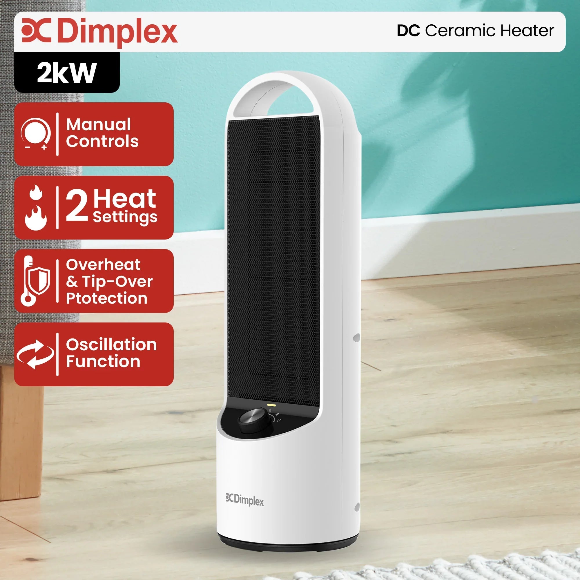 Ceramic Heater – 2kW Personal, DC Motor, 2 Heat Settings, Oscillating, Black/White