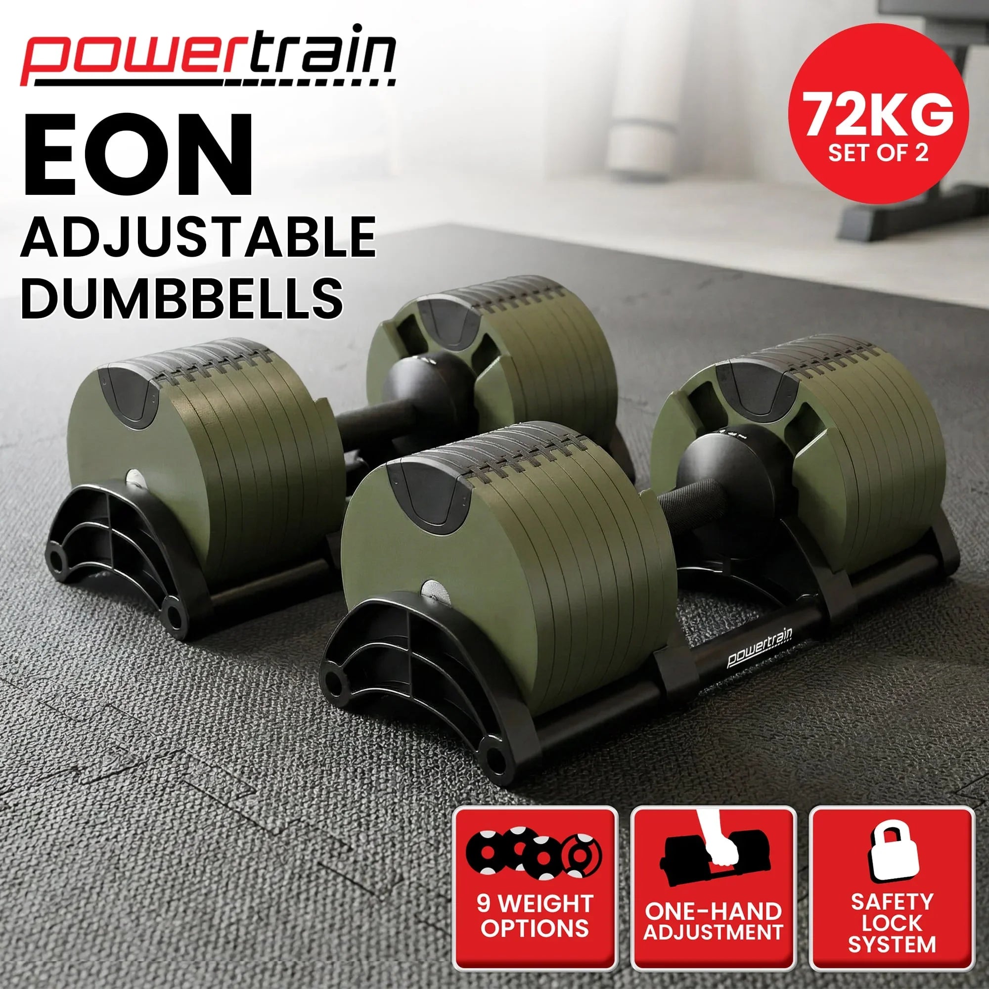 Eon Dial-Up 72KG Adjustable Dumbbells Pair - Green