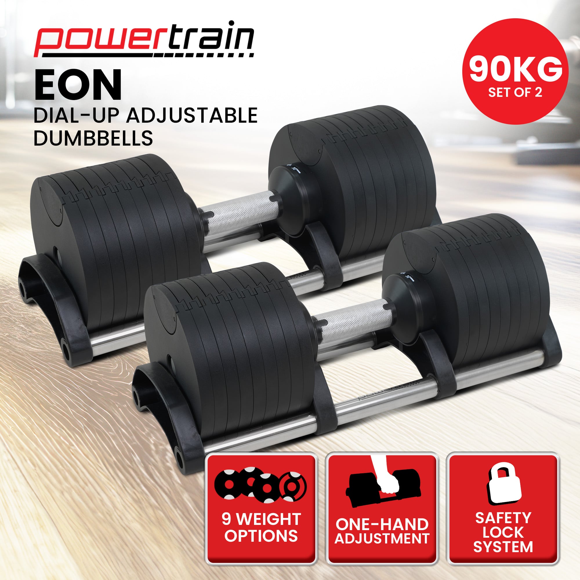 Eon 90kg Adjustable Dumbbells Home Gym 9 Strength Training Safety Lock System Building & Fitness Workouts