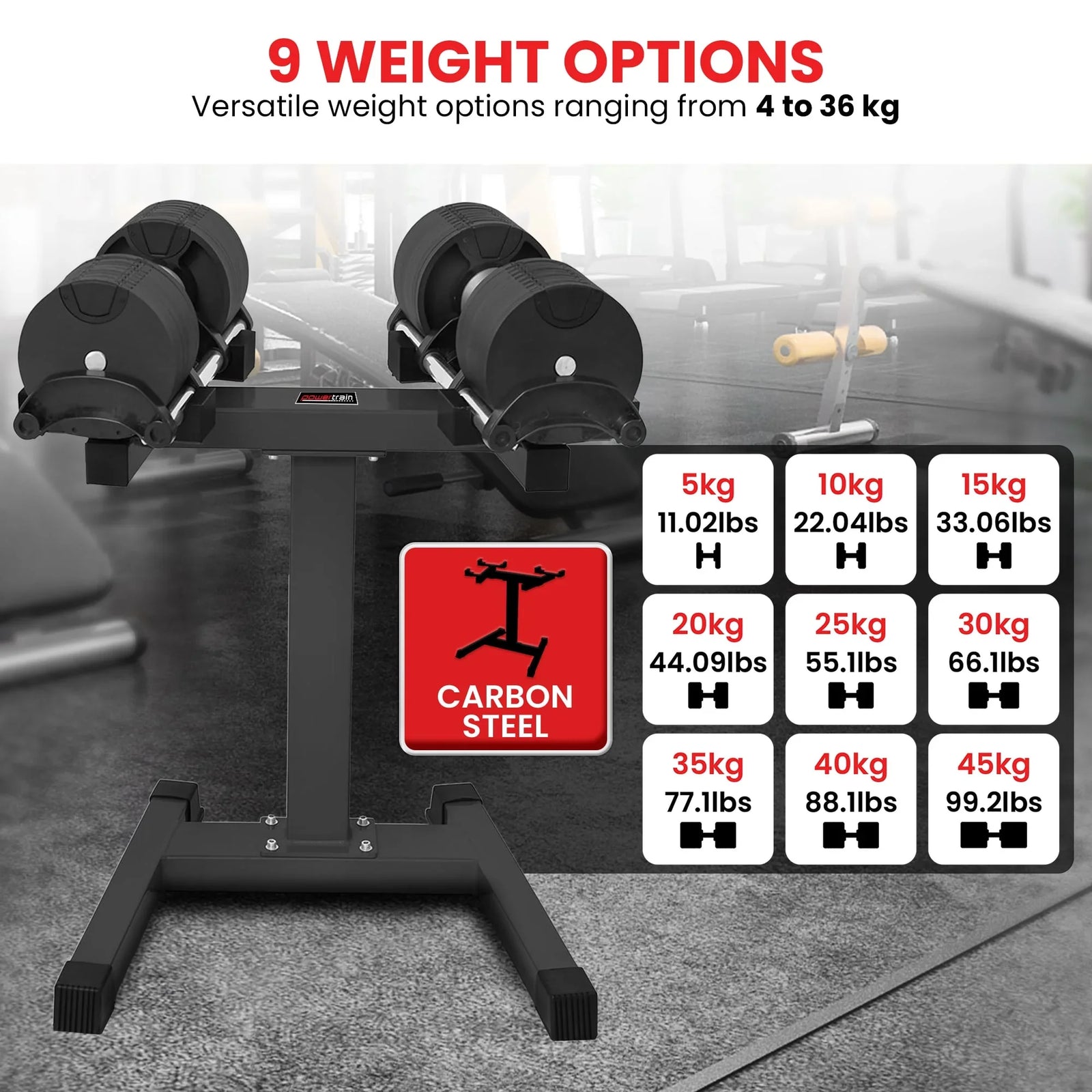 Eon 2 X 45kg Adjustable Dumbbells W/ Stand Heavy-duty Storage Rack Home Gym 9 Strength Training Equipment