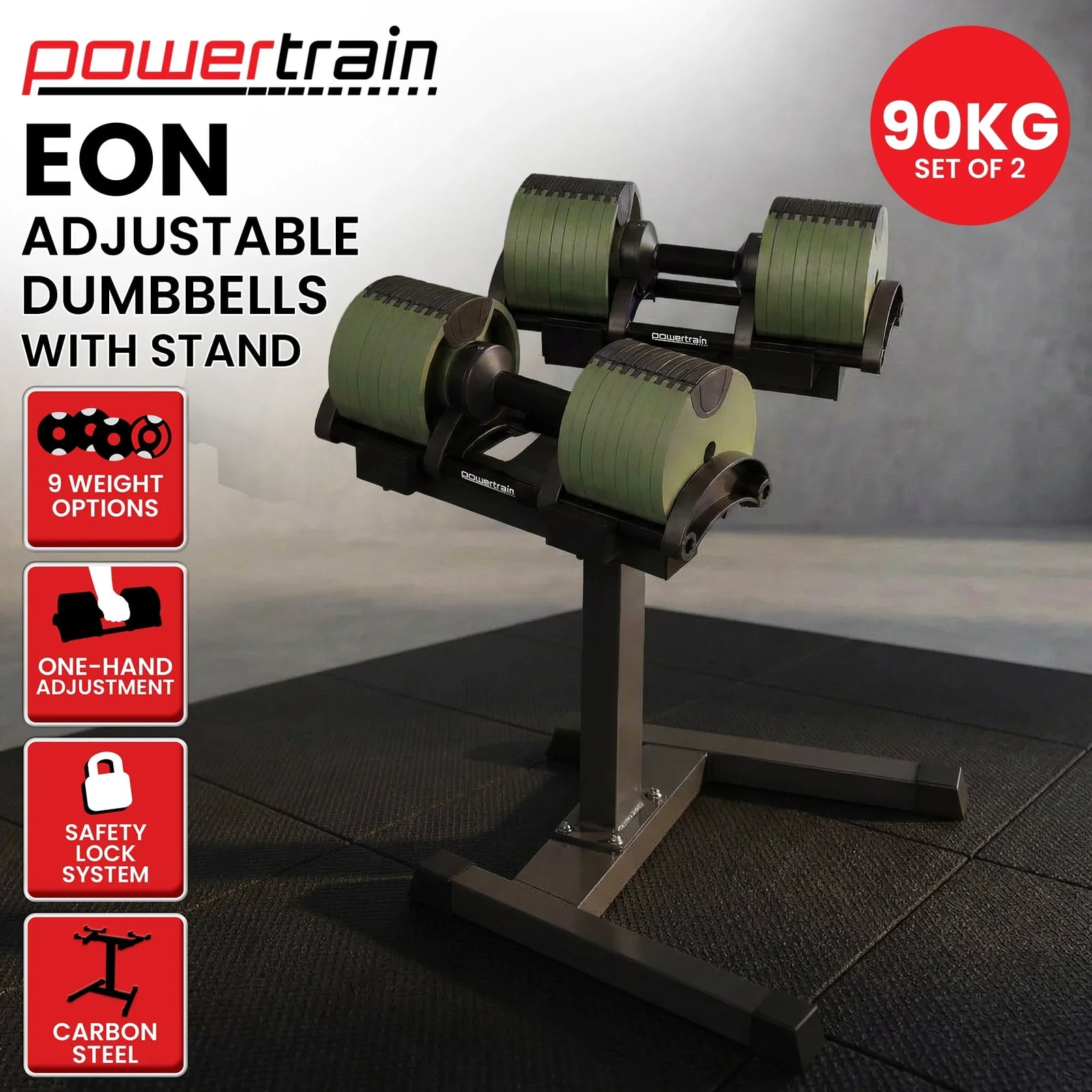 Eon Dial-Up 90KG Adjustable Dumbbells Pair with Stand  - Green